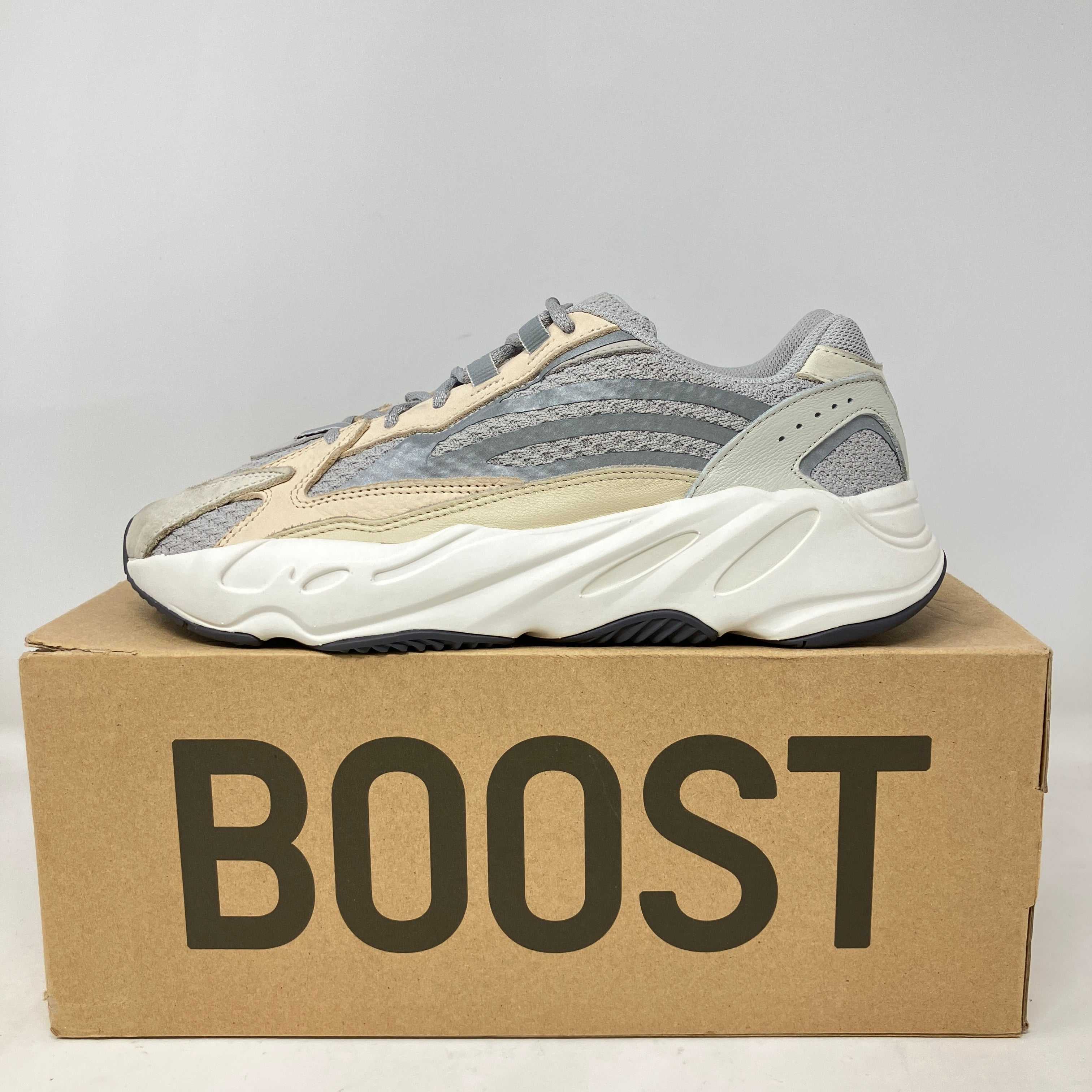 adidas Yeezy Boost 700 V2 Cream sneaker in grey and beige on BOOST box, pre-owned with accessories included