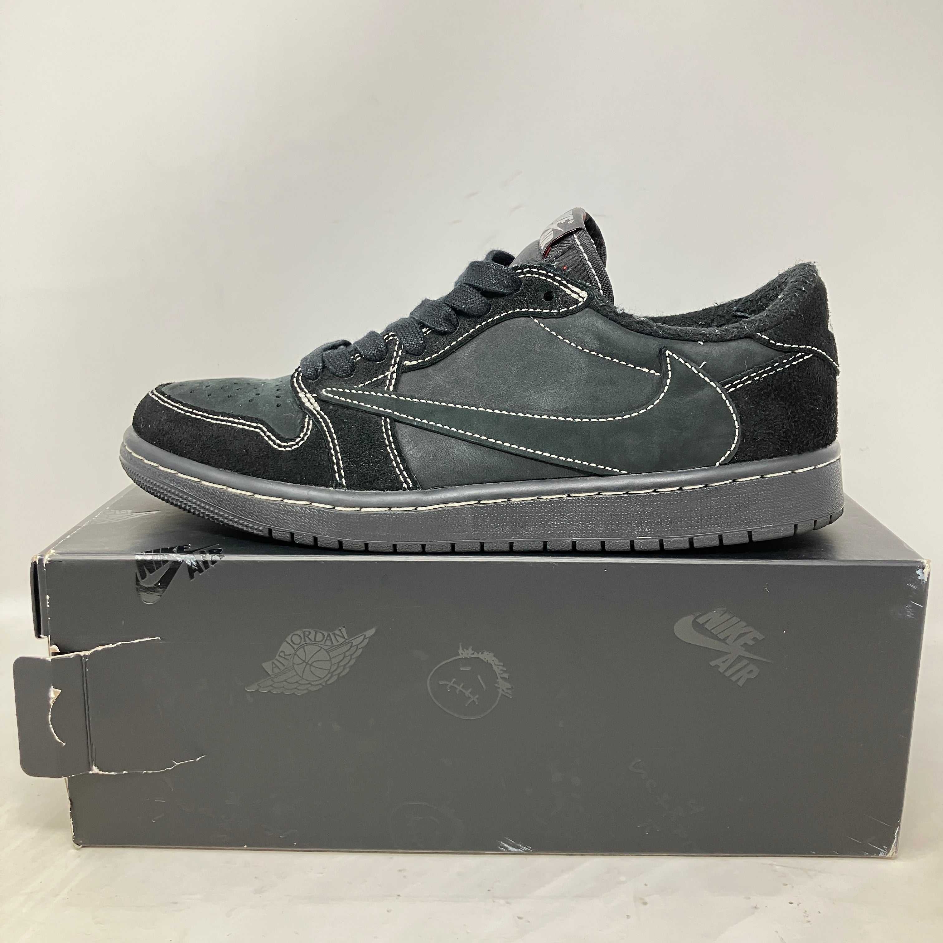 Jordan 1 Retro Low OG Travis Scott Black Phantom sneaker on box pre-owned with all accessories