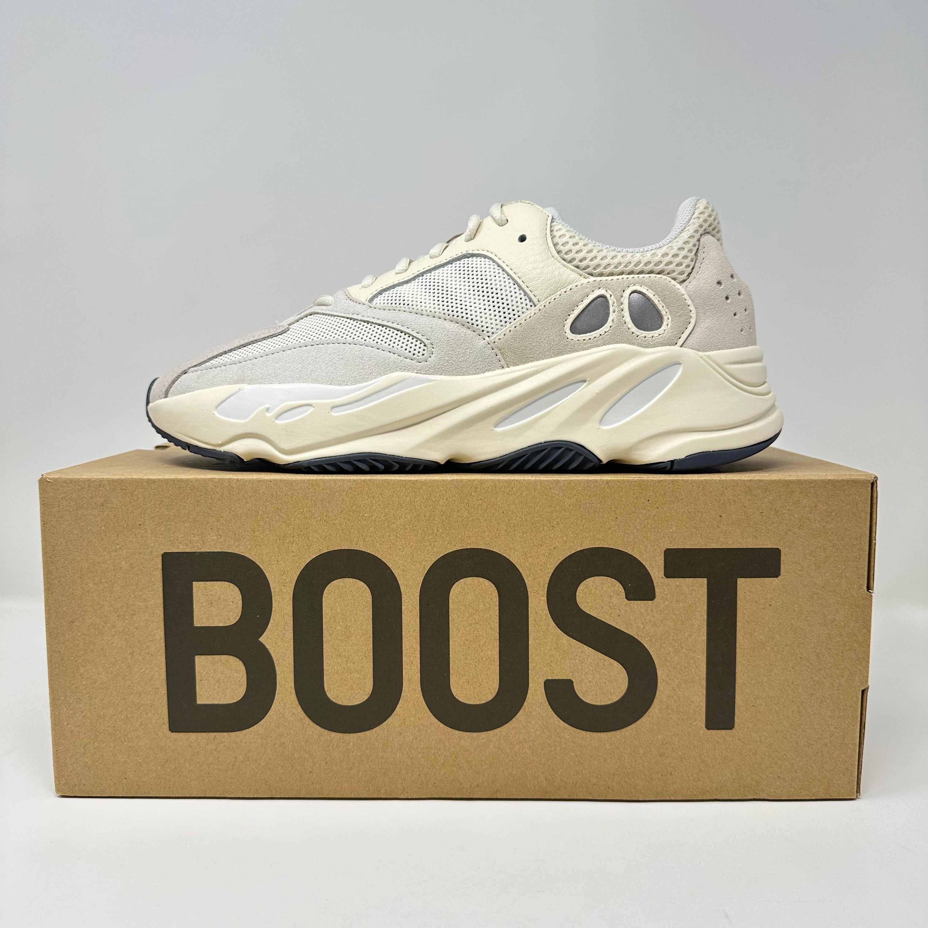 adidas Yeezy Boost 700 Analog sneaker in cream color on box with BOOST logo, brand new condition