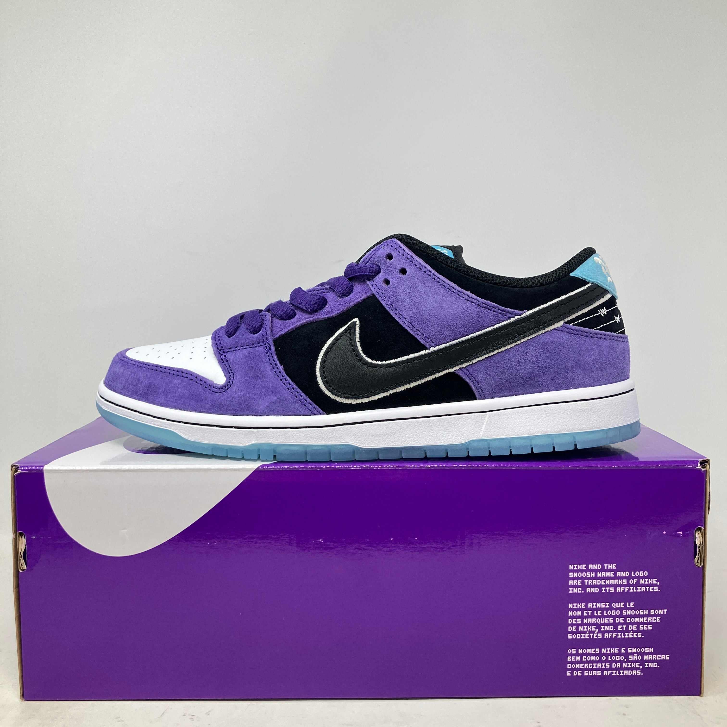 Nike SB Dunk Low Hayley Wilson purple black and white sneaker on purple box brand new with accessories