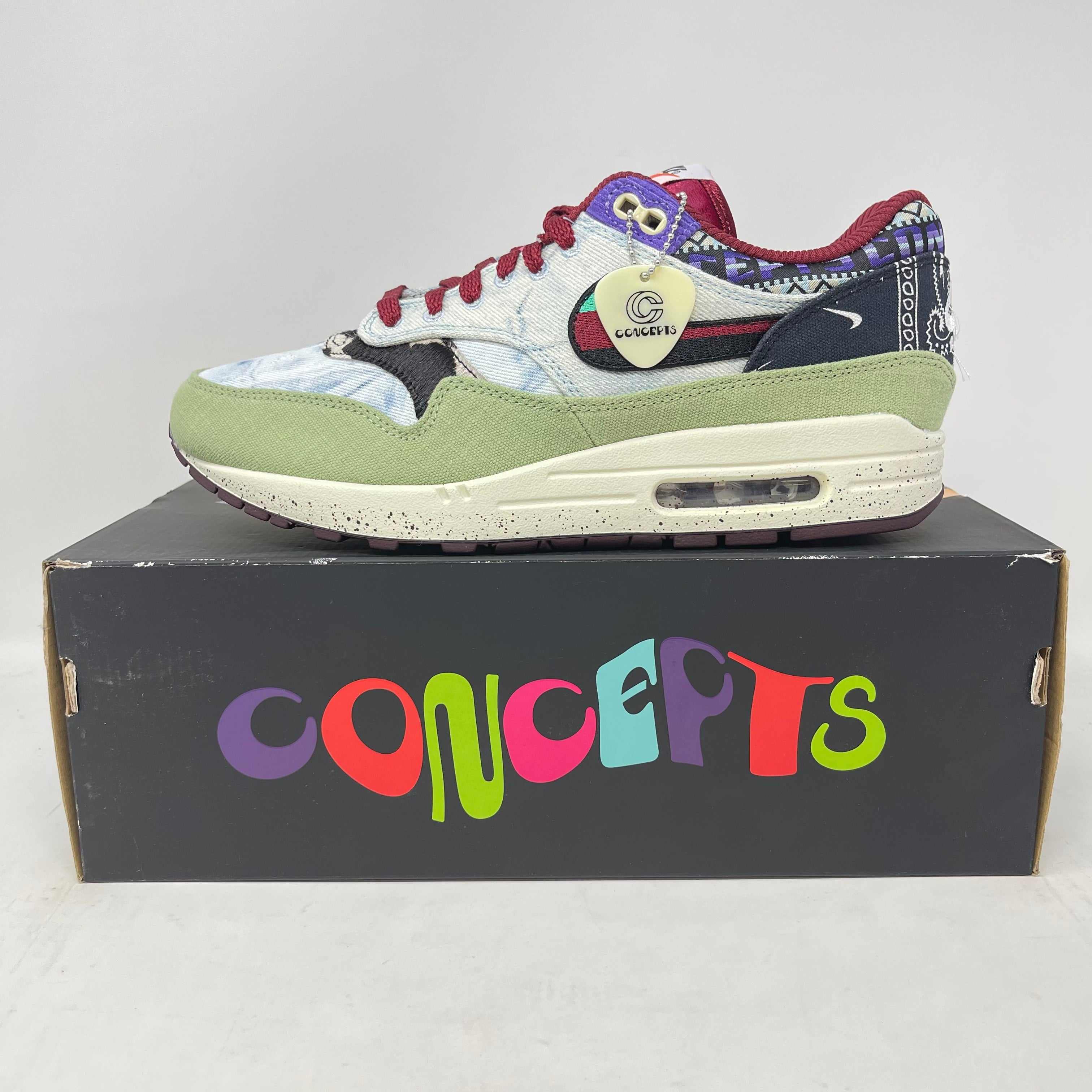 Nike Air Max 1 SP Concepts Mellow sneaker in green, purple, and red on Concepts branded box