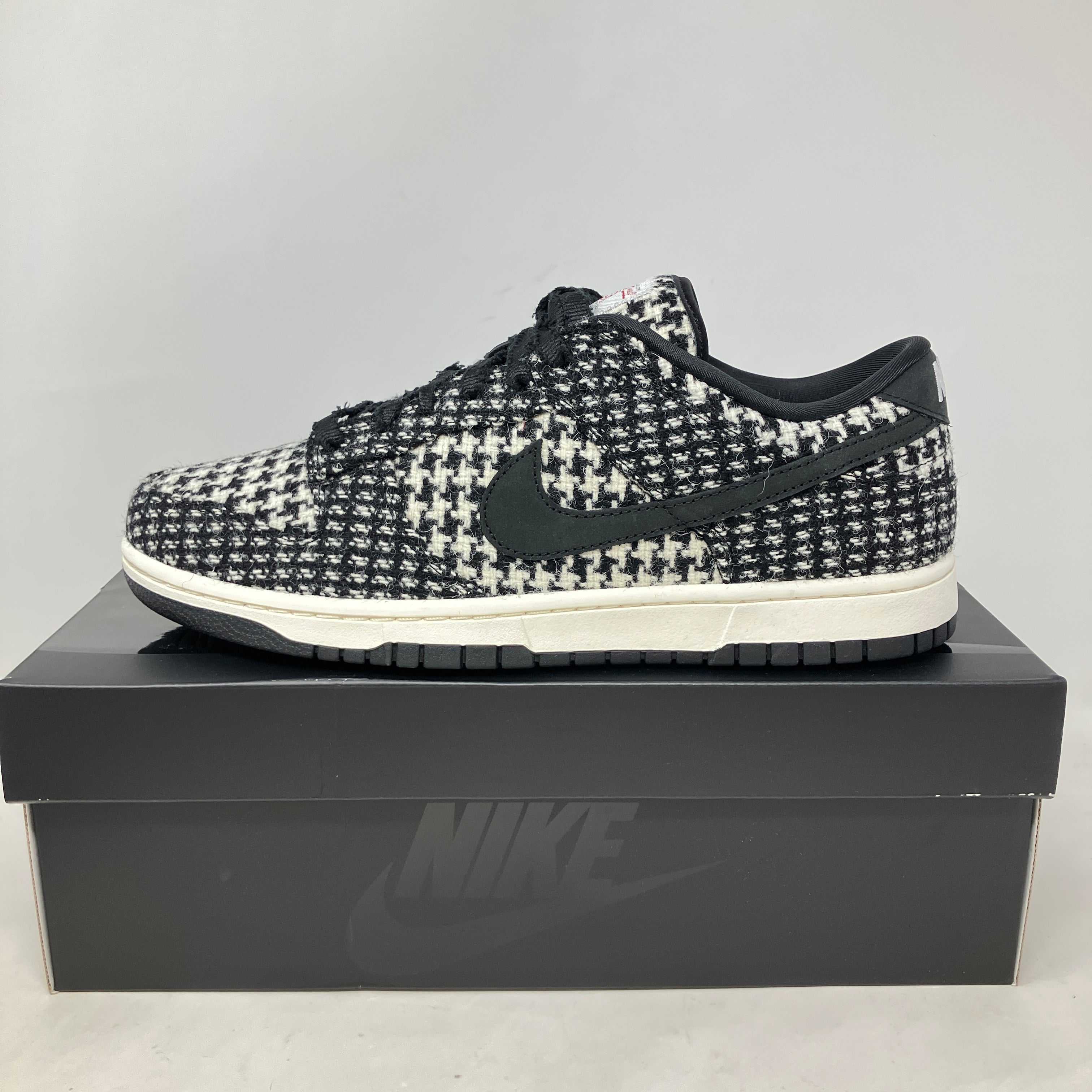 Nike Dunk Low Harris Tweed white and black sneaker on box, brand new with all accessories included