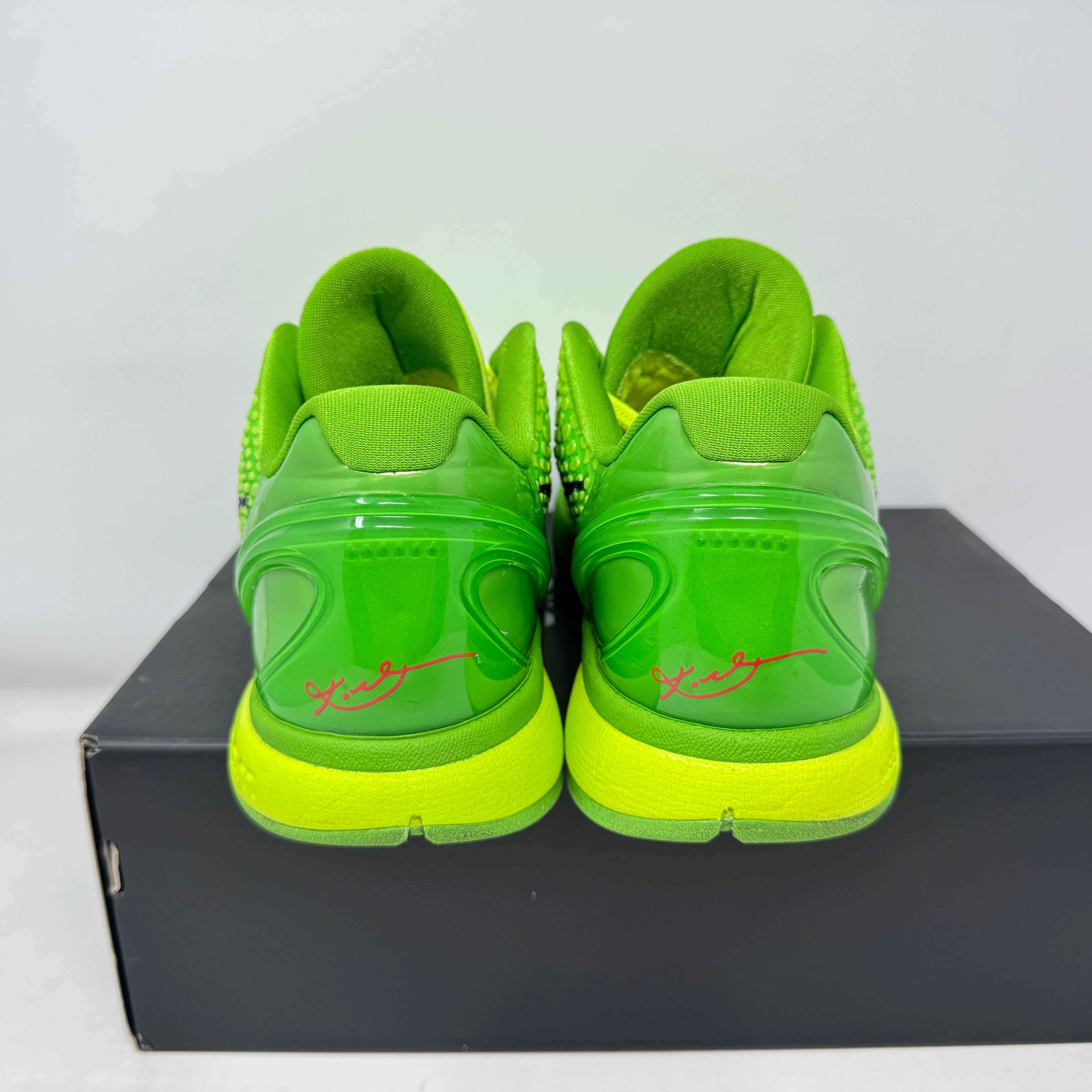 Nike Kobe 6 Protro Grinch 2020 pre-owned sneakers with rep box, rear view.
