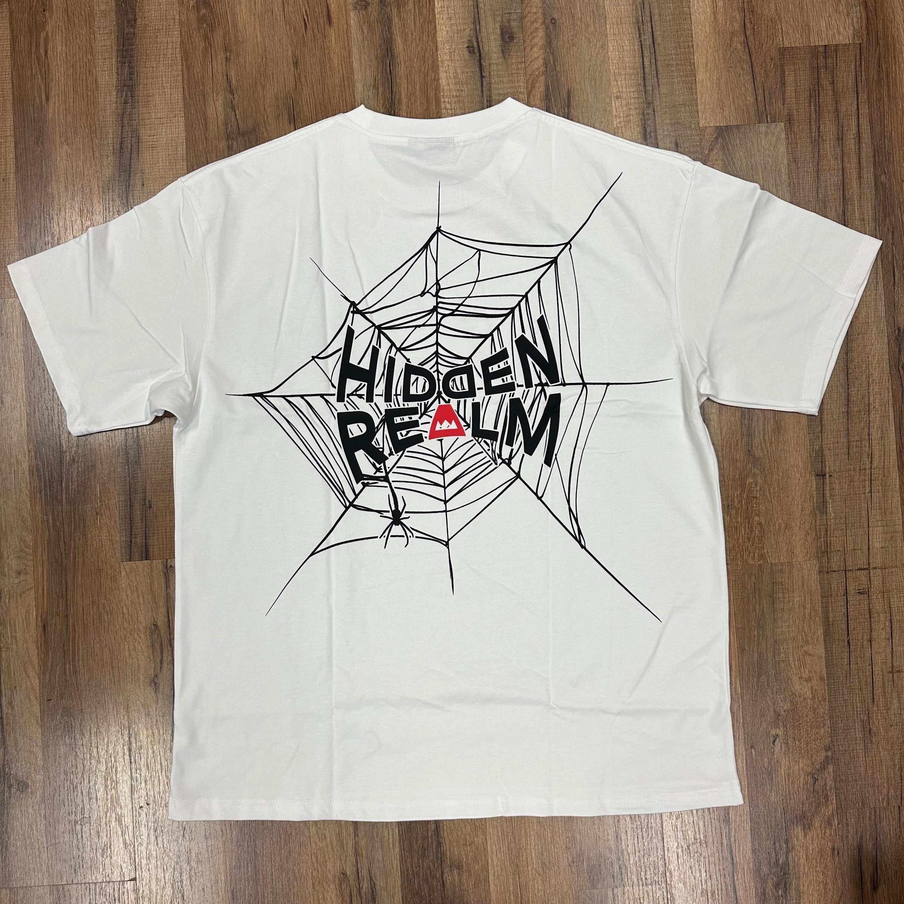 White Hidden Realm Web Tee with black spider web and bold logo design on back, made from 300GSM pre-shrunk cotton