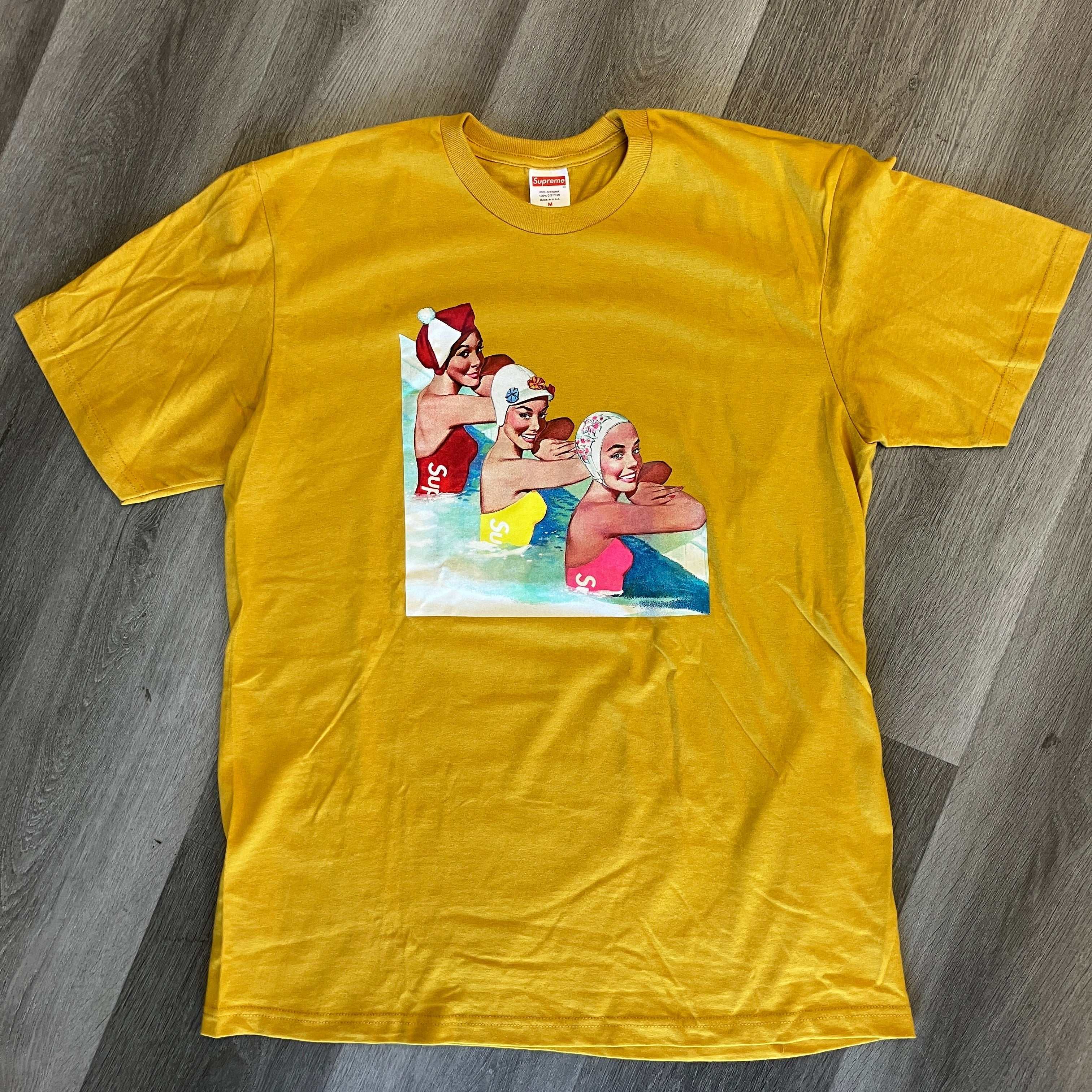 Mustard Supreme Swimmers Tee featuring three swimmers graphic, brand new, 21" pit to pit and 30" length