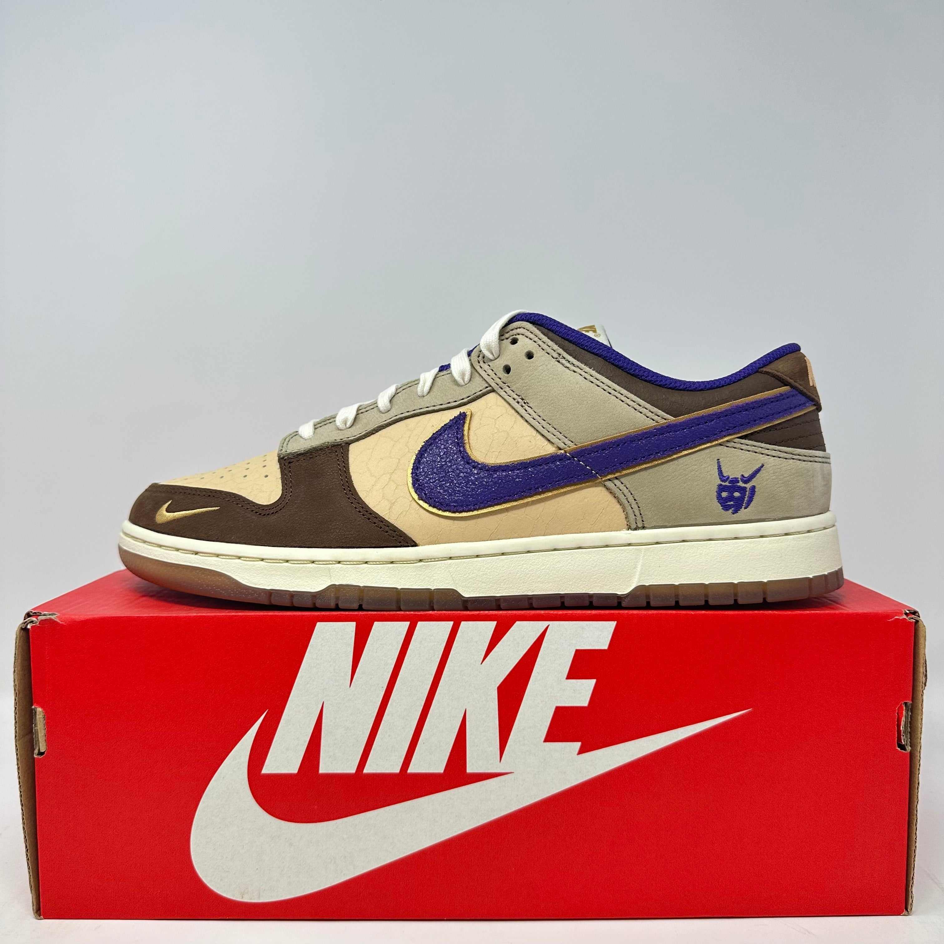 Nike Dunk Low Setsubun 2022 sneaker in brown, cream, and purple on red Nike box, brand new with accessories included.