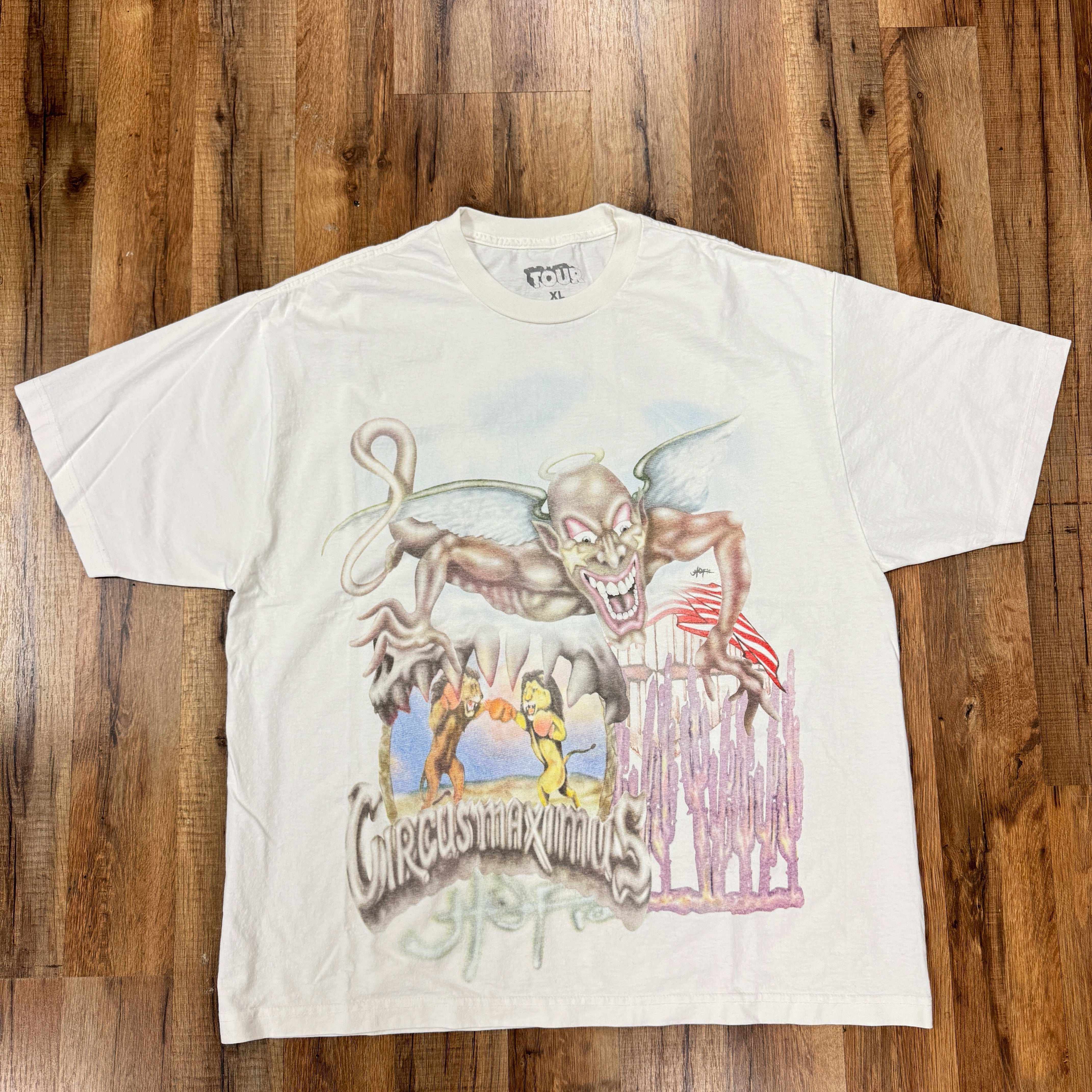 White Travis Scott Utopia Circus Maximus 2023 Tour III graphic t-shirt with monster artwork, new condition