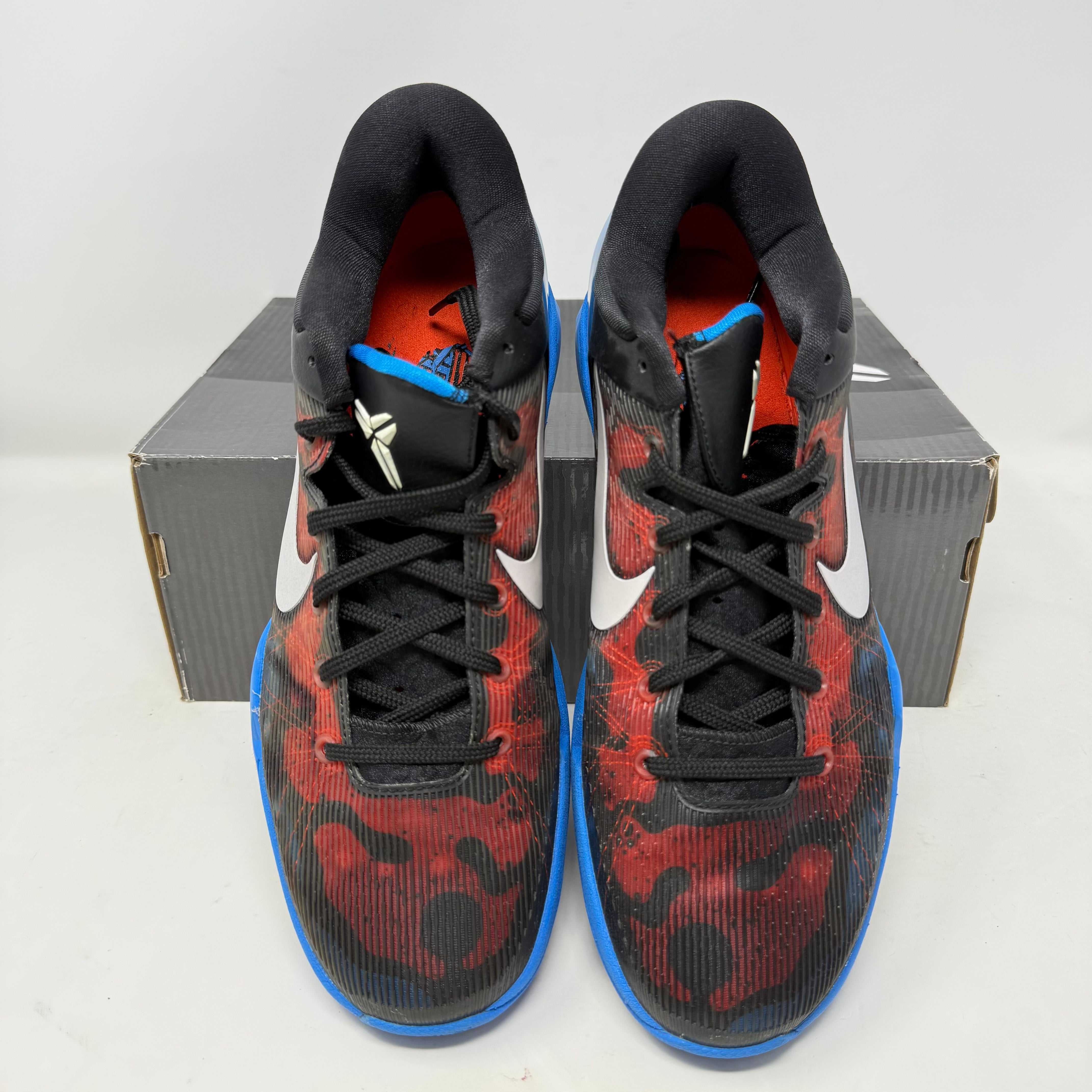 Pre-owned Nike Kobe 7 Poison Dart Frog sneakers with blue and red design, includes all accessories.