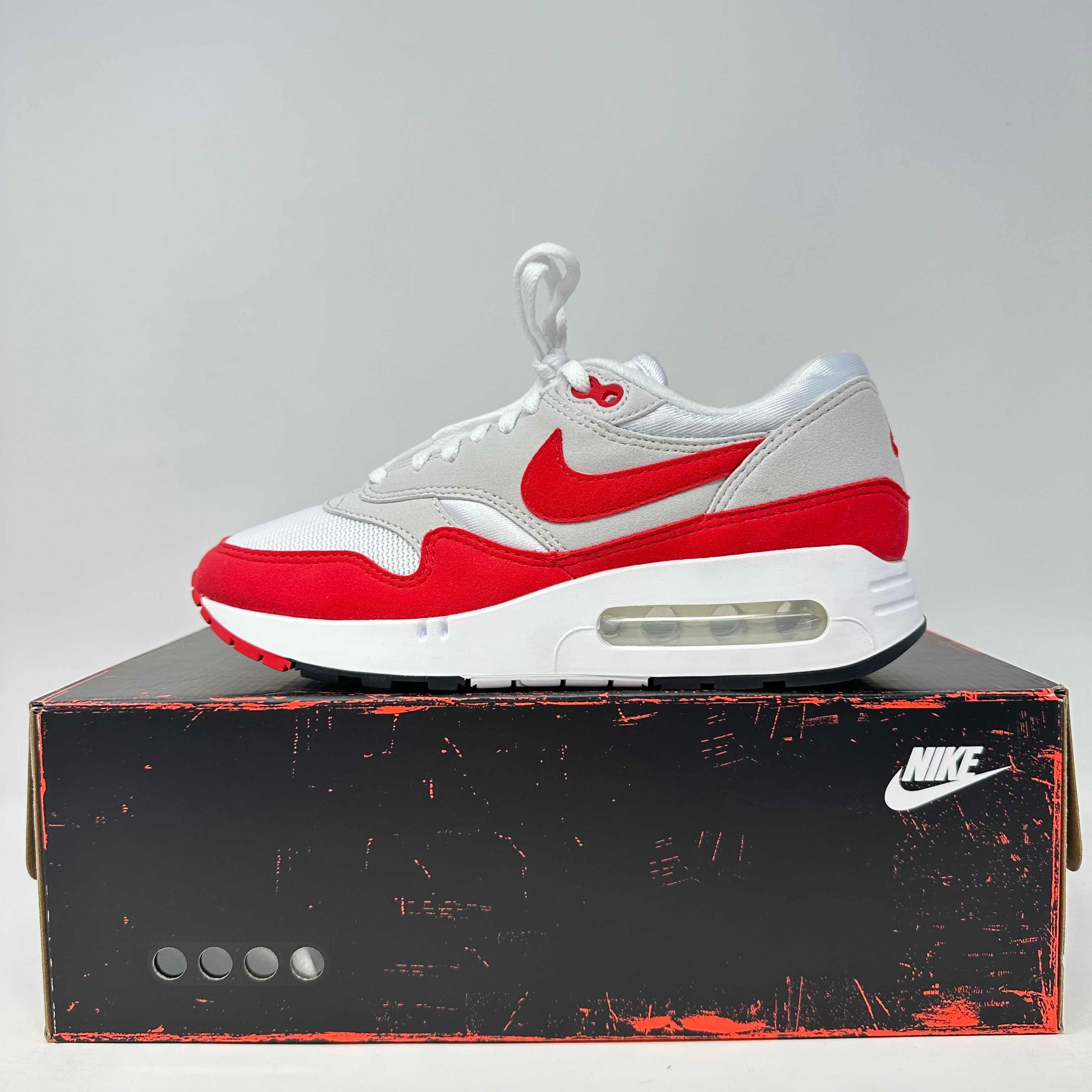 Nike Air Max 1 '86 OG Big Bubble Sport Red sneaker on black Nike box, brand new condition