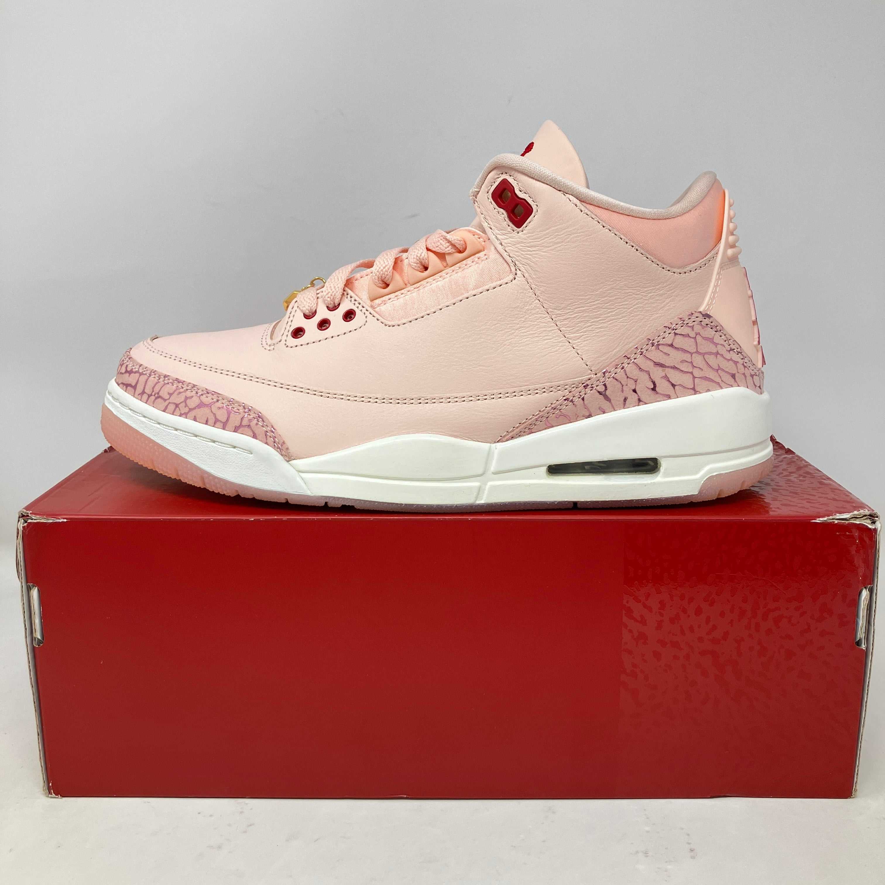 Women's Jordan 3 Retro Valentine's Day sneakers in pink on red box, brand new with accessories included