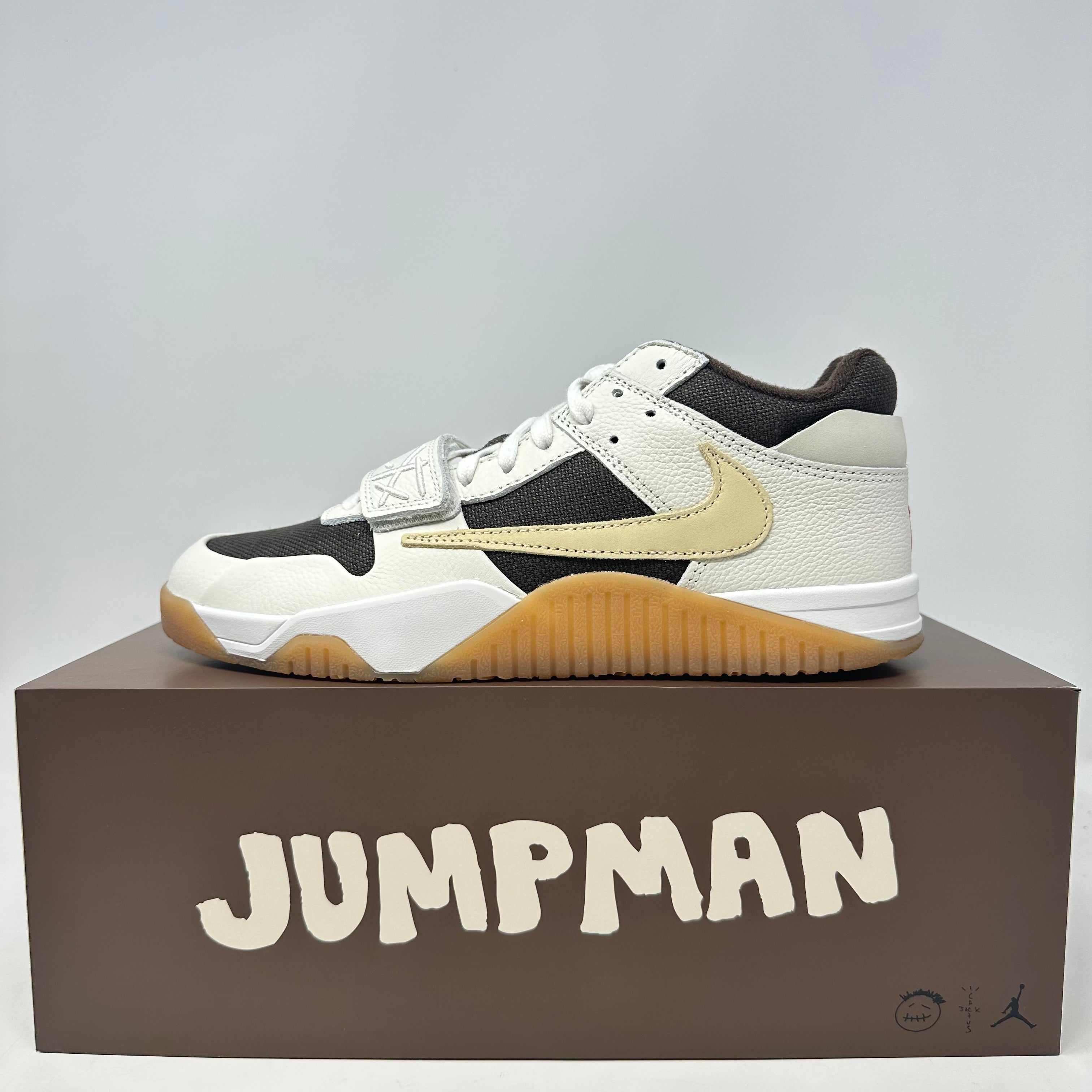 Jordan Jumpman Jack TR Travis Scott Sail sneaker in white, black, and beige on Jumpman branded box, brand new condition with accessories included