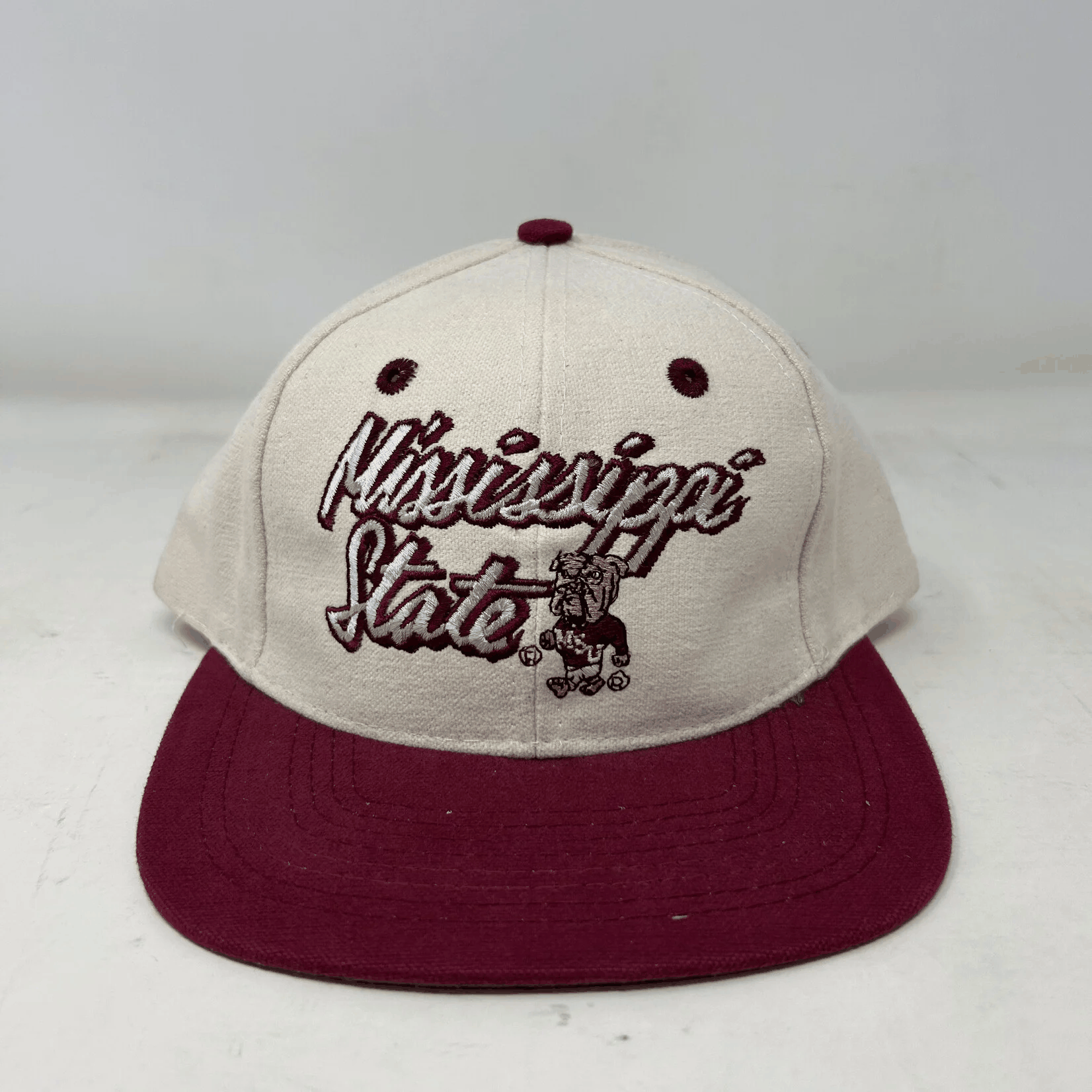 Vintage Mississippi State Bulldogs snapback hat with maroon brim and embroidered logo