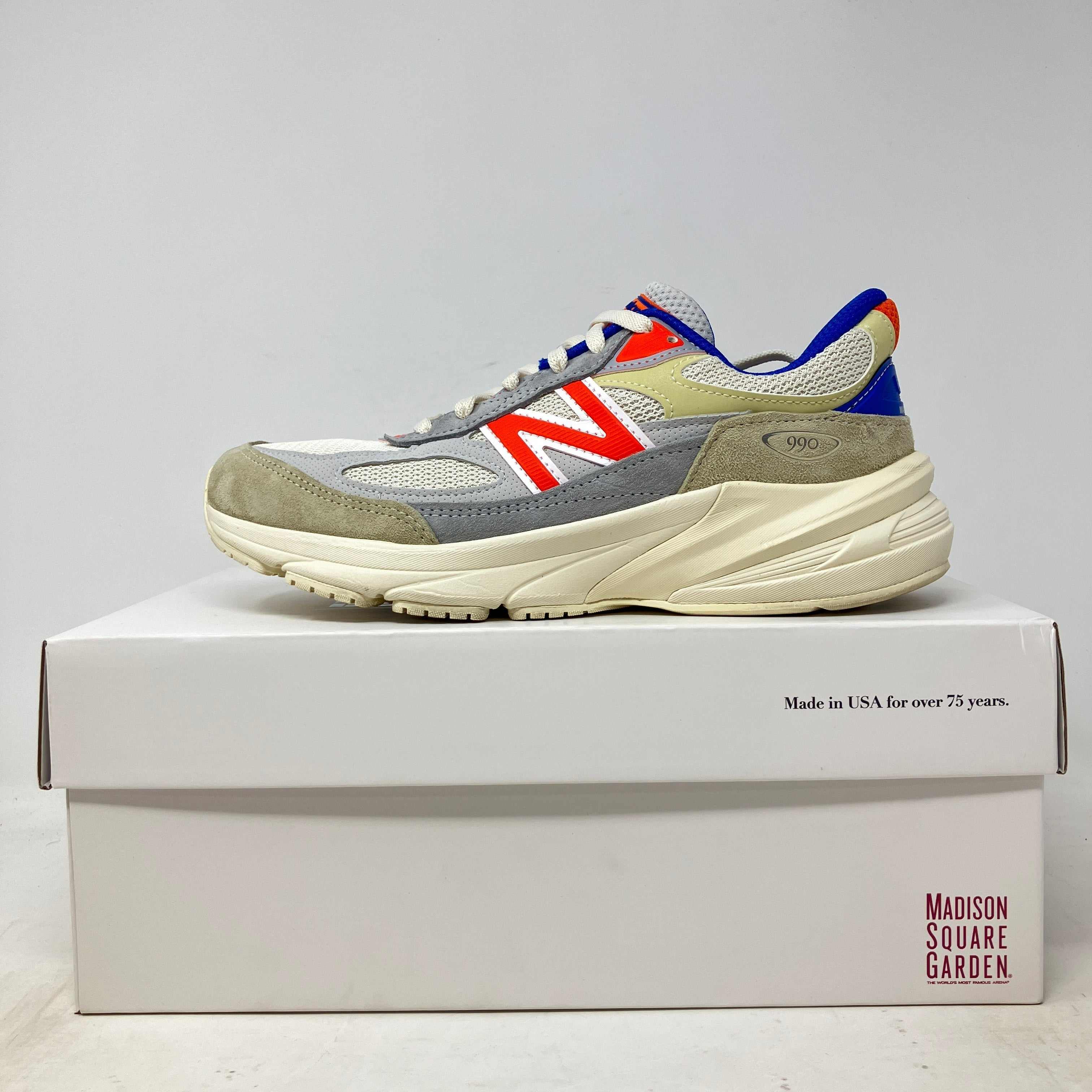New Balance 990v6 MiUSA Ronnie Fieg Madison Square Garden Sandrift sneaker in pre-owned condition displayed on white box with Madison Square Garden branding