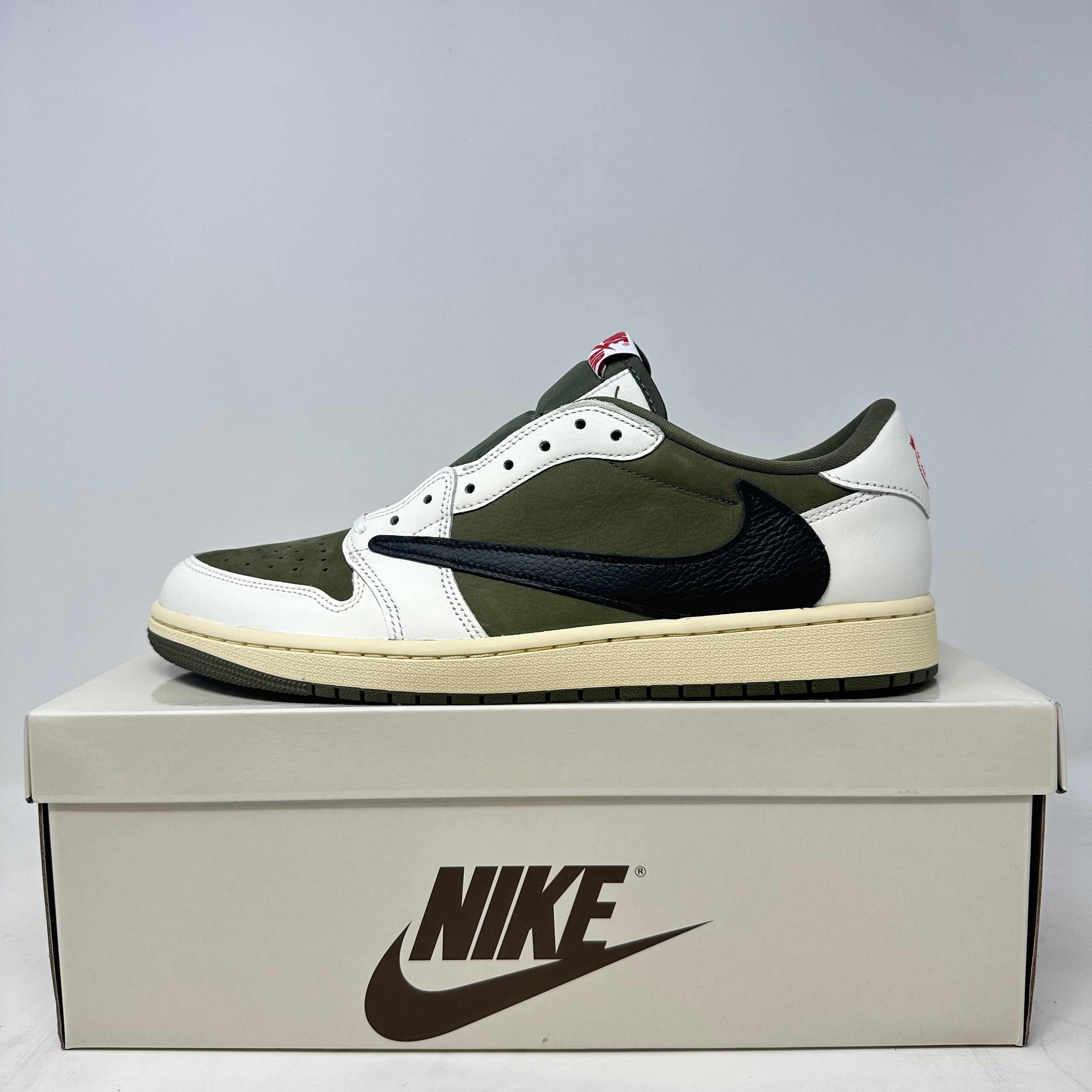 Jordan 1 Retro Low OG SP Travis Scott Medium Olive sneaker on Nike box, brand new with accessories