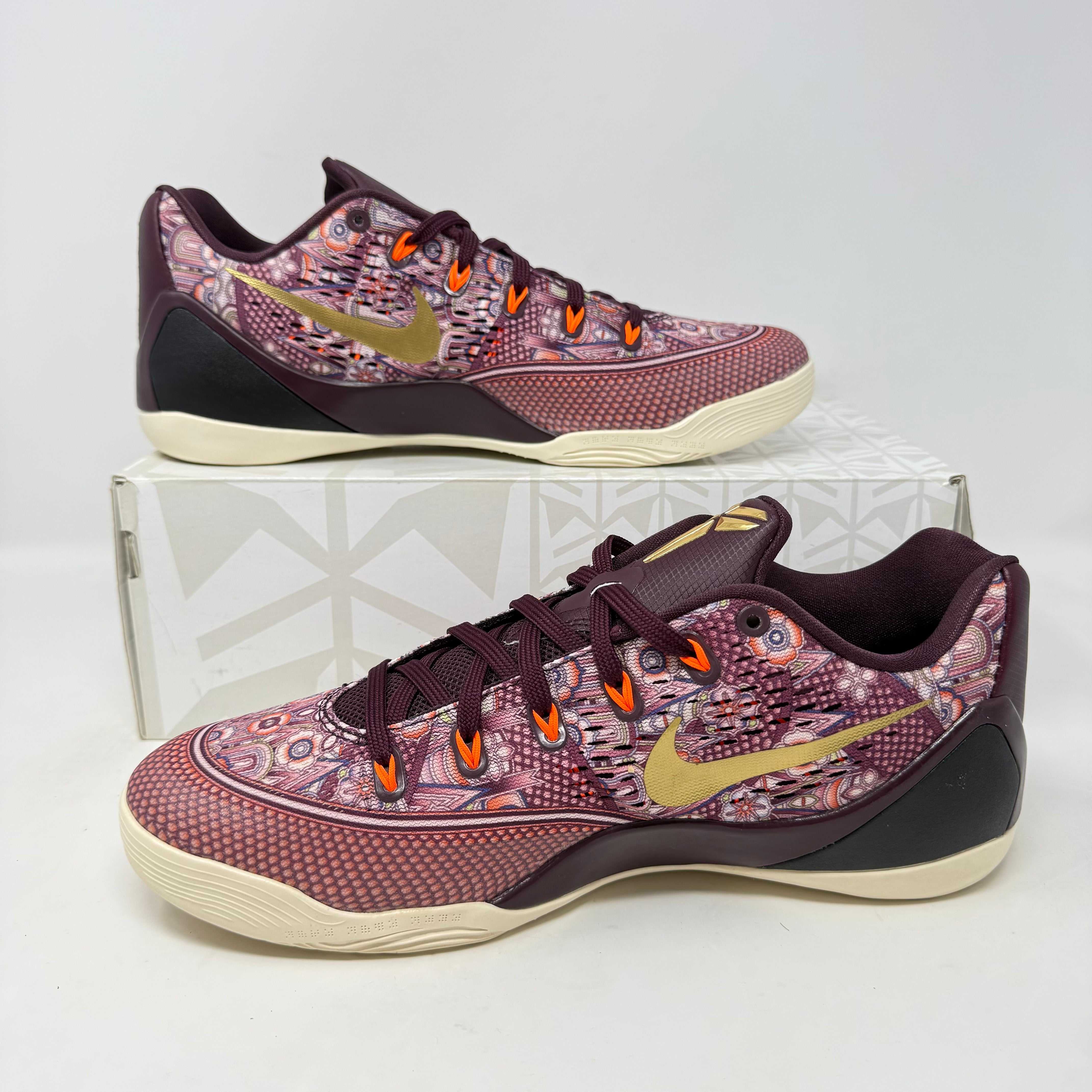 Nike Kobe 9 EM Low Silk sneakers, pre-owned, with original accessories included.