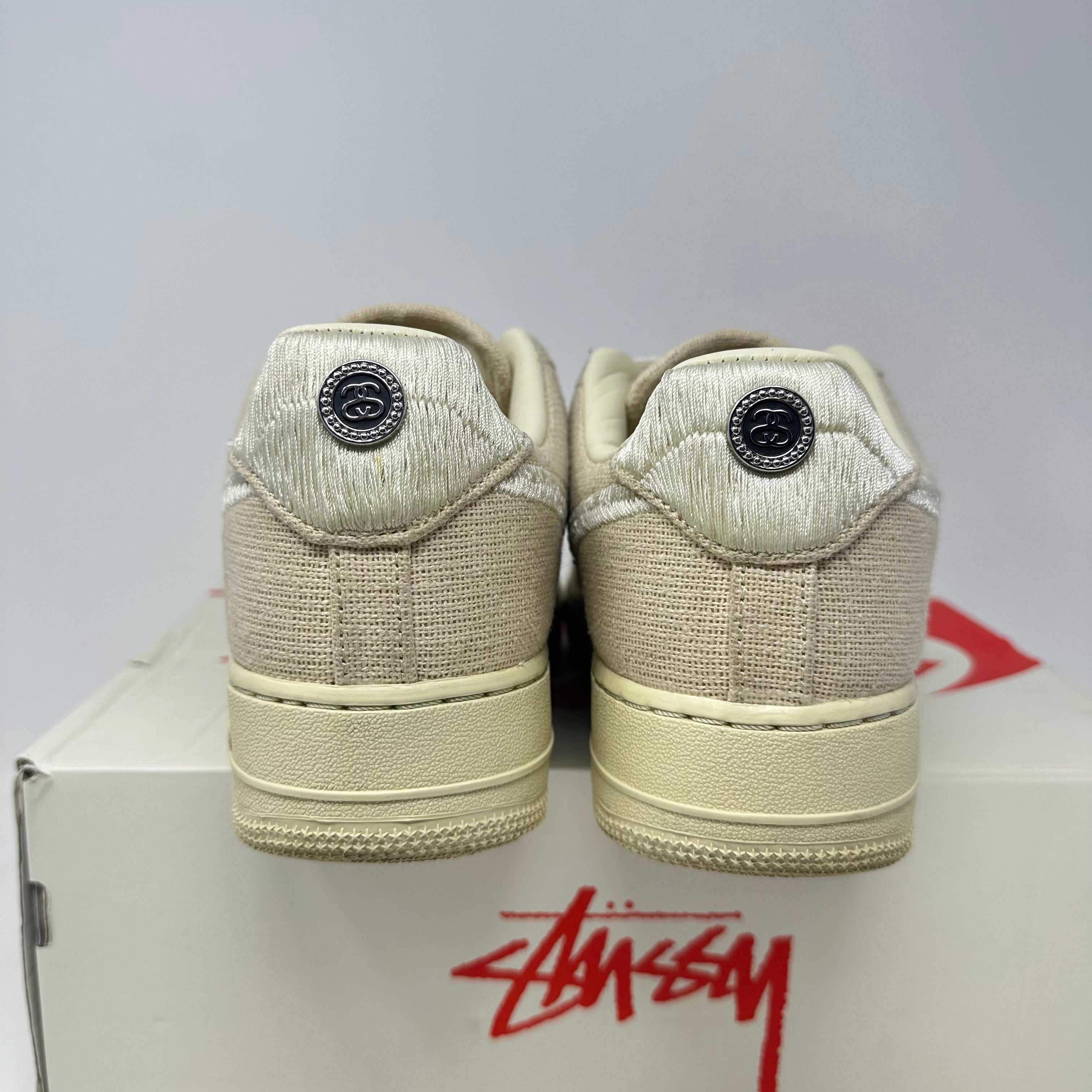 Nike Air Force 1 Low Stussy Fossil sneakers, pre-owned, accessories included.
