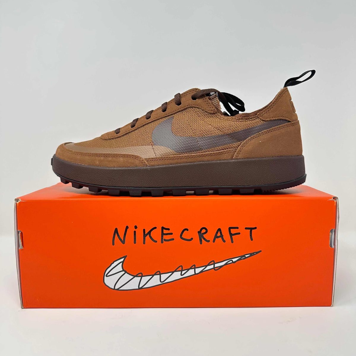 NikeCraft General Purpose Shoe Tom Sachs in field brown on orange NikeCraft box, brand new with all accessories included