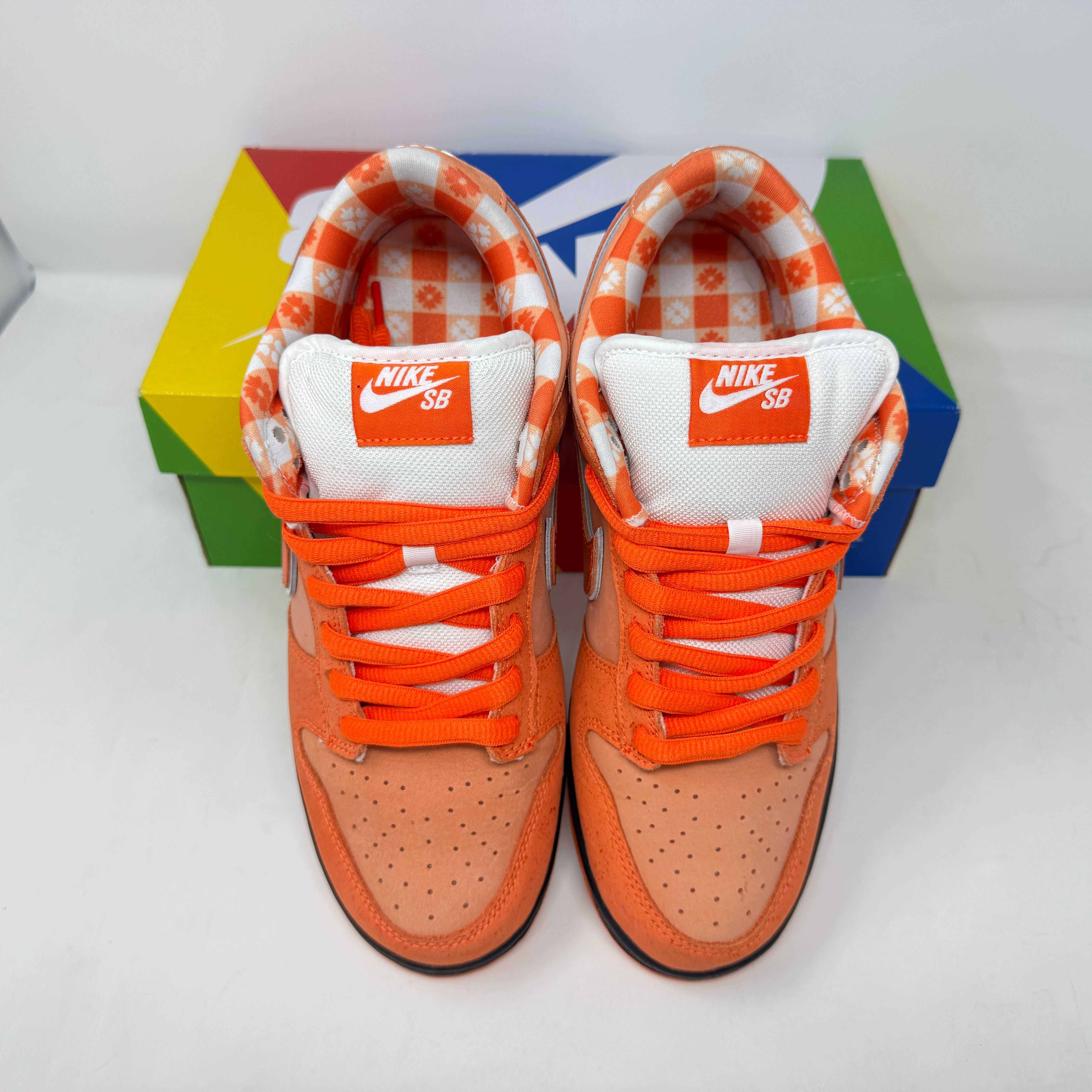 Nike SB Dunk Low Concepts Orange Lobster sneakers, pre-owned, missing rubber bands, with accessories.