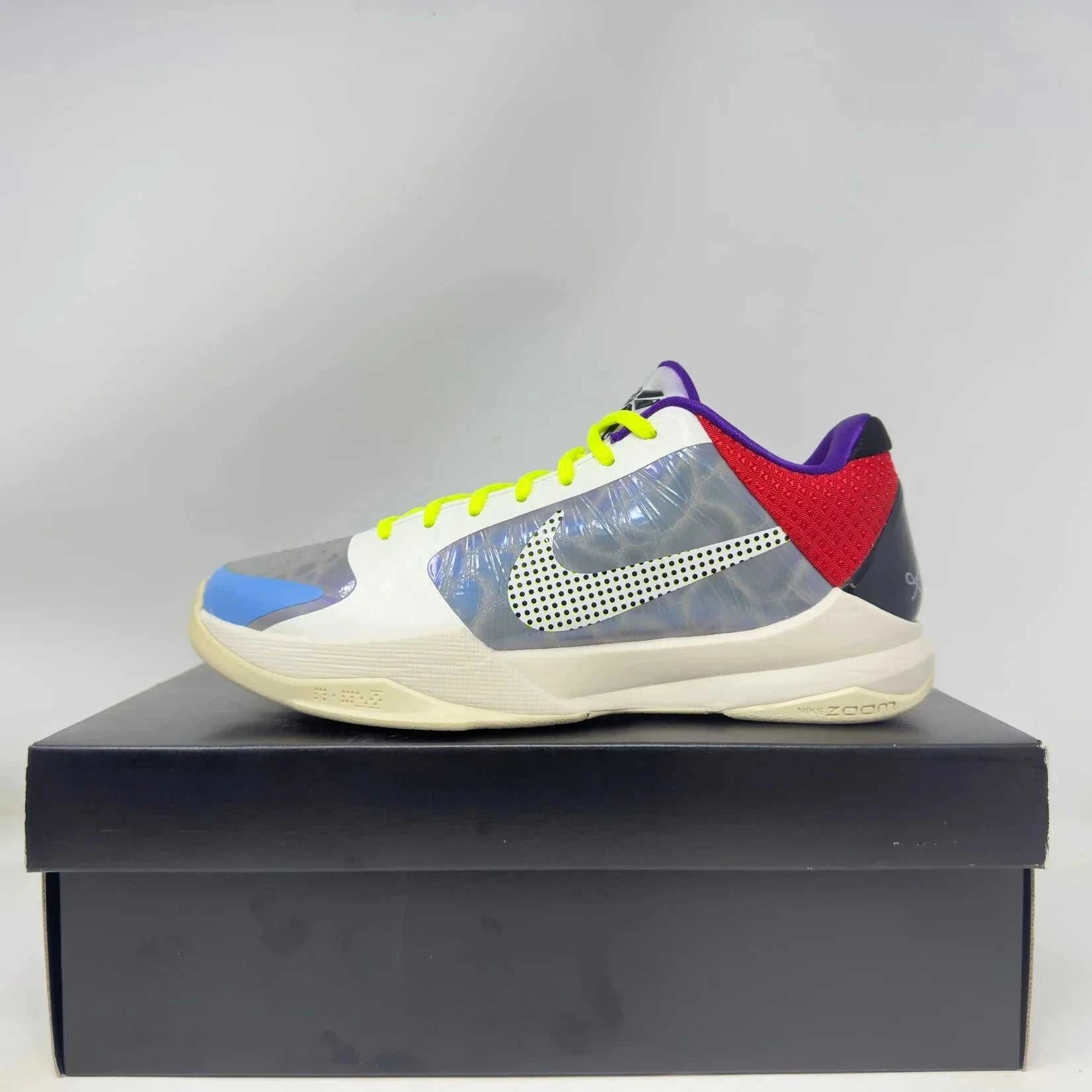 Nike Kobe 5 Protro PJ Tucker basketball shoe in multicolor with yellow laces on black box