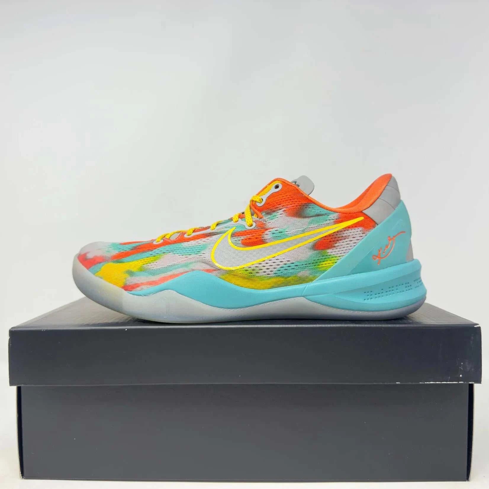 Nike Kobe 8 Protro Venice Beach basketball shoe with colorful abstract design on black box, pre-owned condition with all accessories