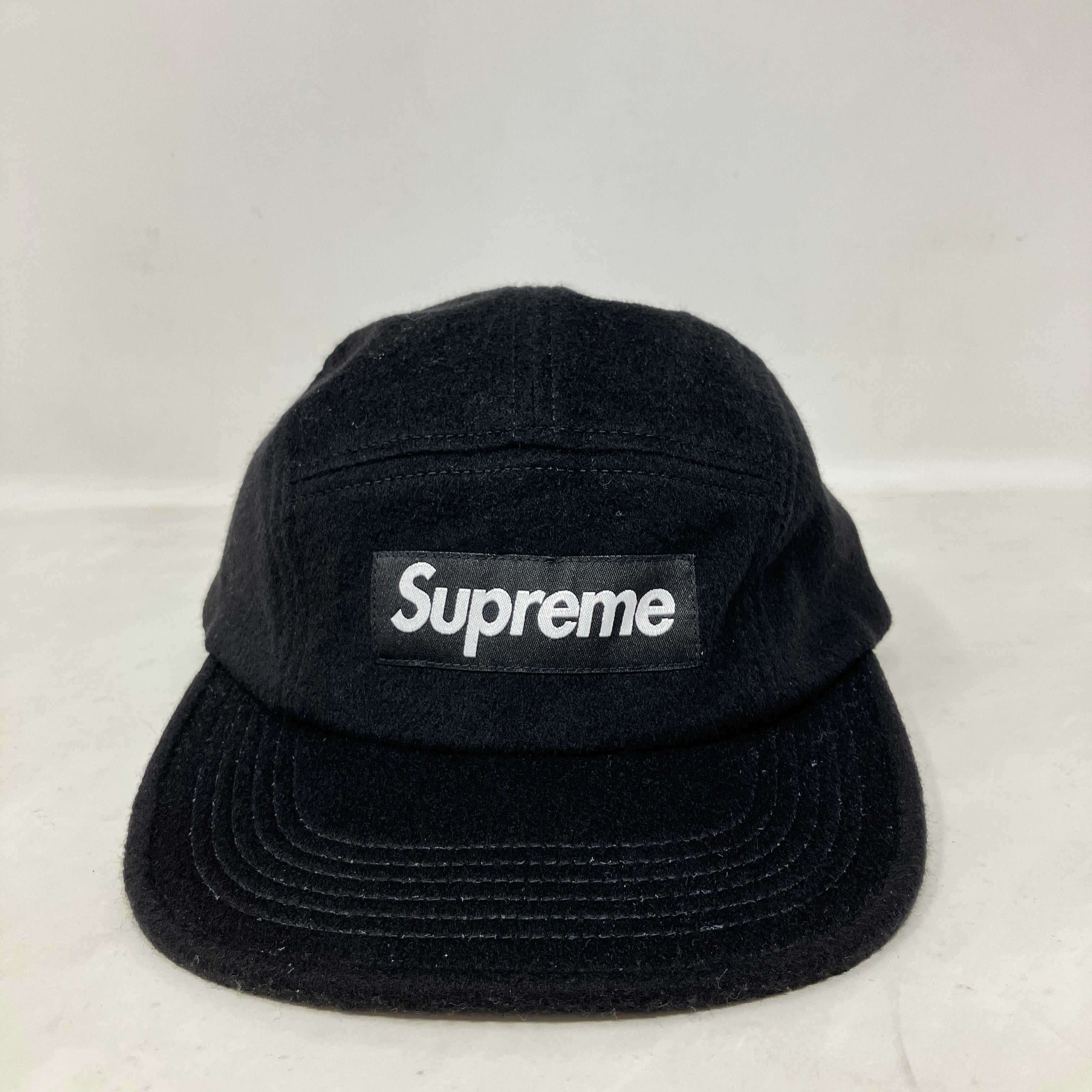 Black Supreme Wool Camp Cap with front logo patch, brand new
