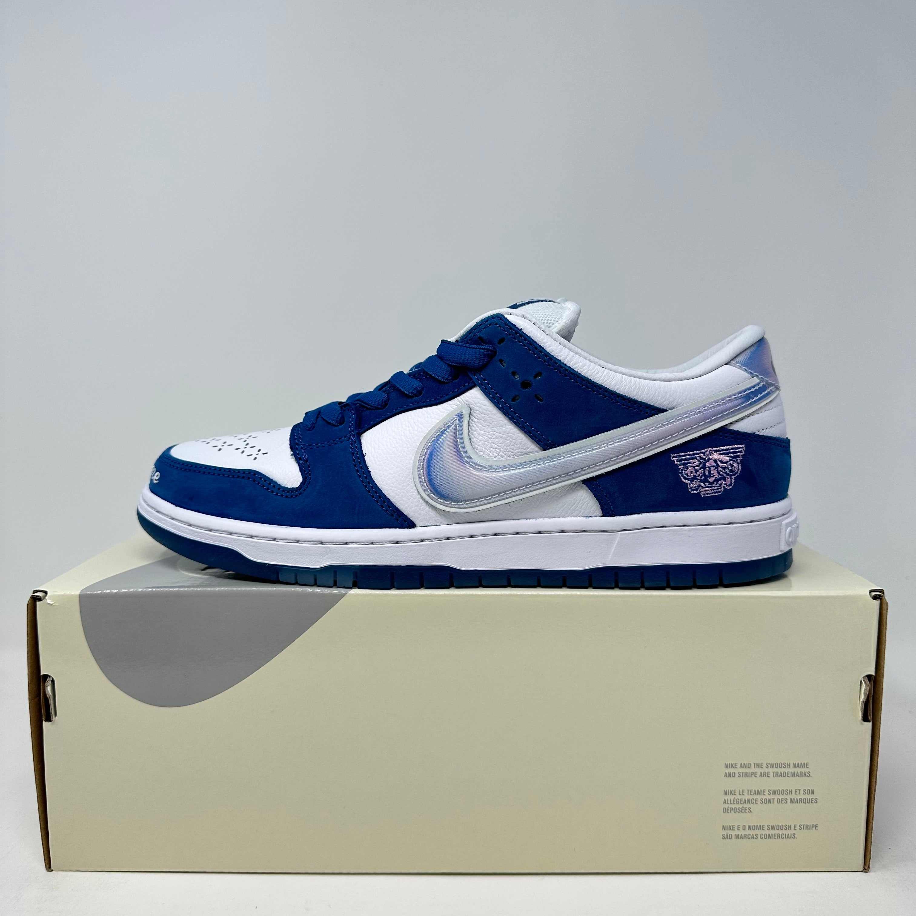 Nike SB Dunk Low Born X Raised sneaker in blue and white on box, brand new with accessories included