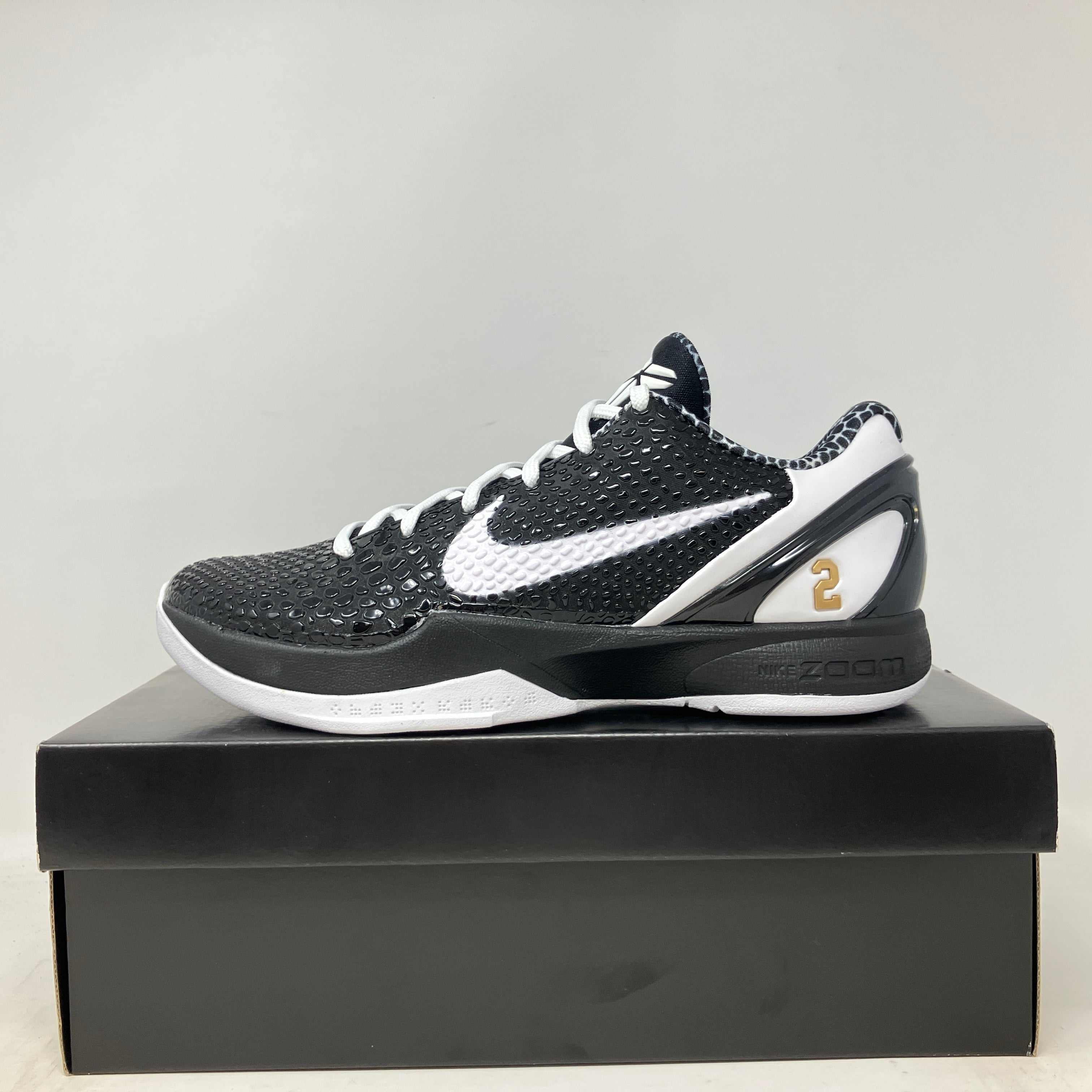 Nike Kobe 6 Protro Mambacita Sweet 16 black and white basketball shoe on box, brand new condition