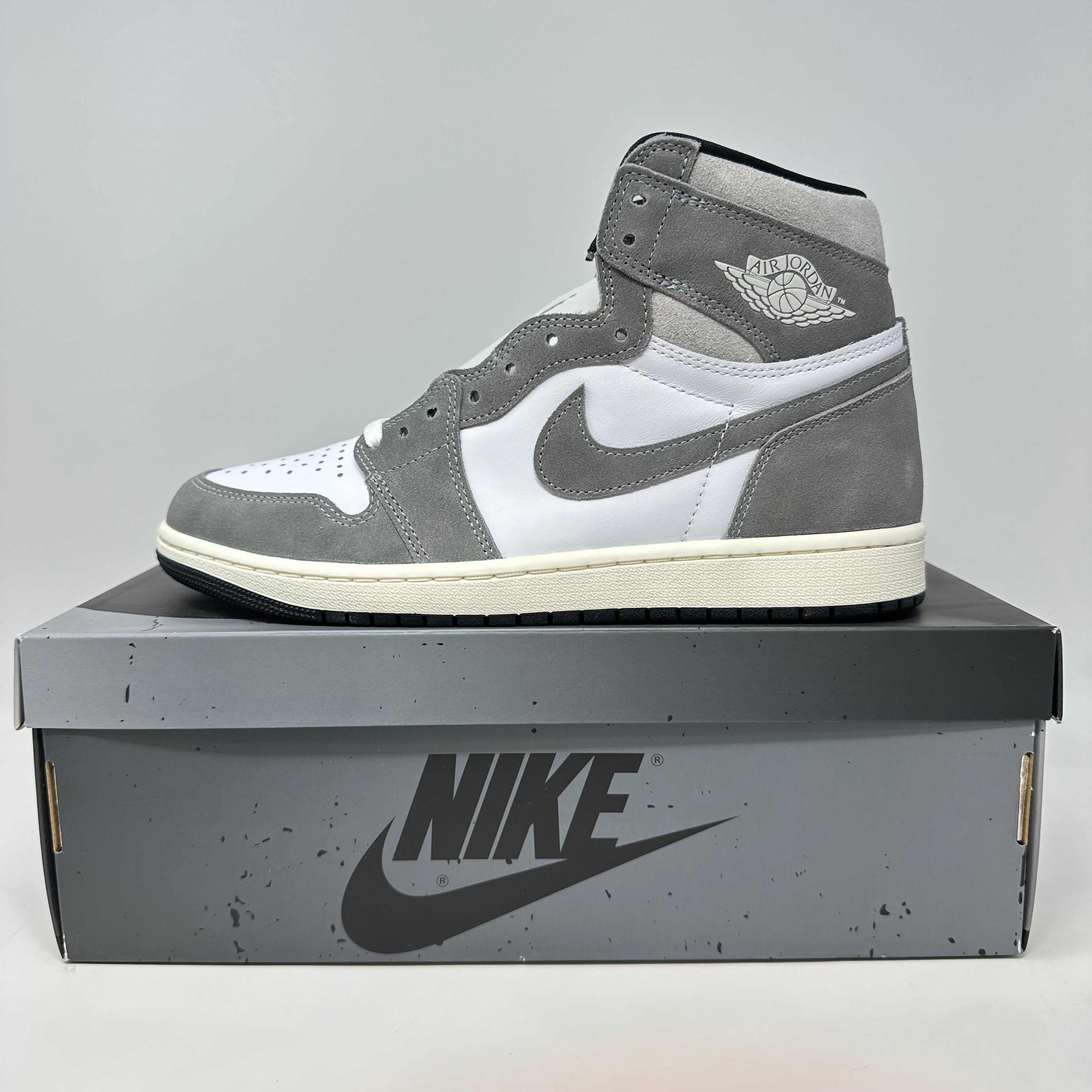 Jordan 1 Retro High OG Washed Black sneaker on Nike box, brand new with all accessories included.