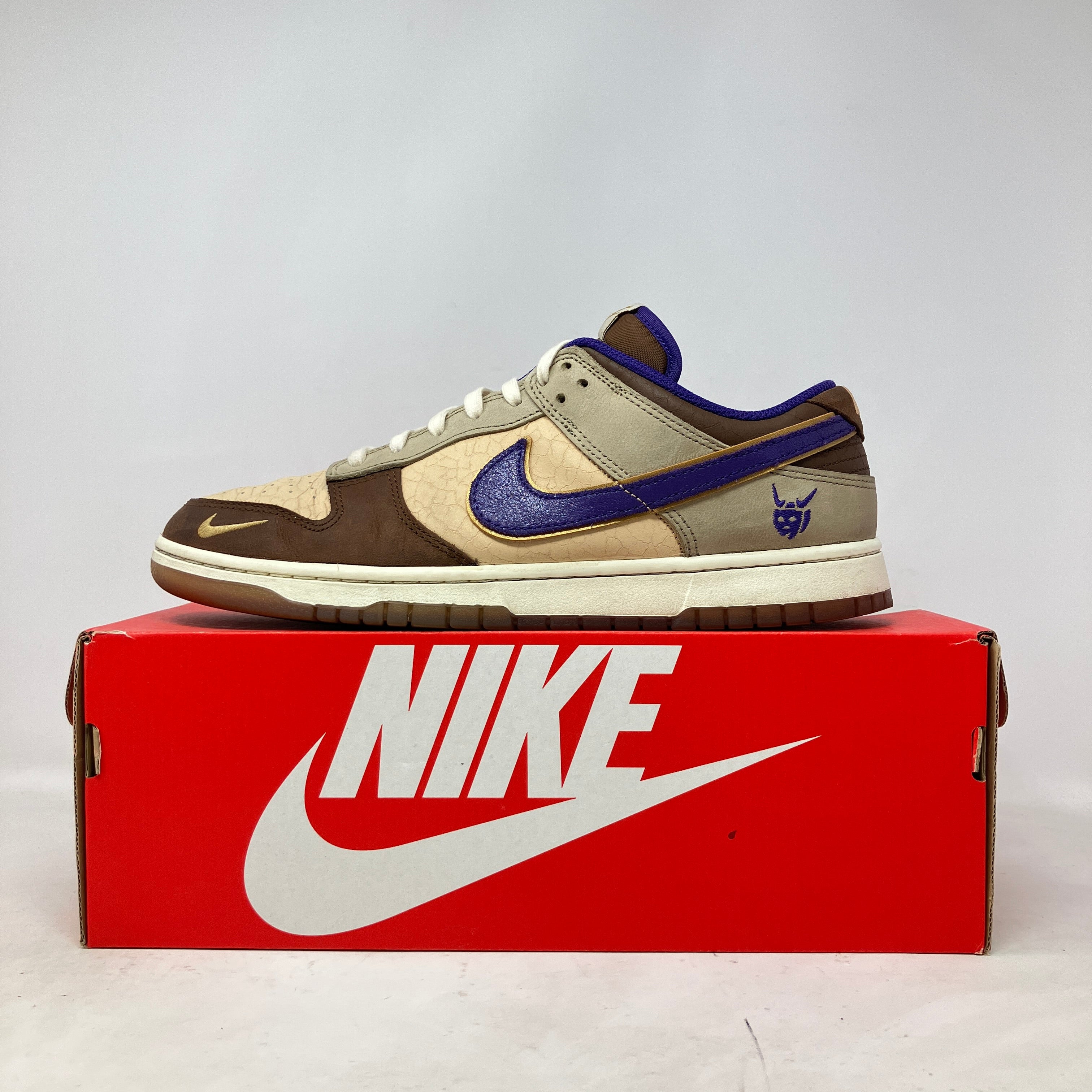 Nike Dunk Low Setsubun 2022 sneaker in brown and purple on red Nike box, pre-owned with accessories