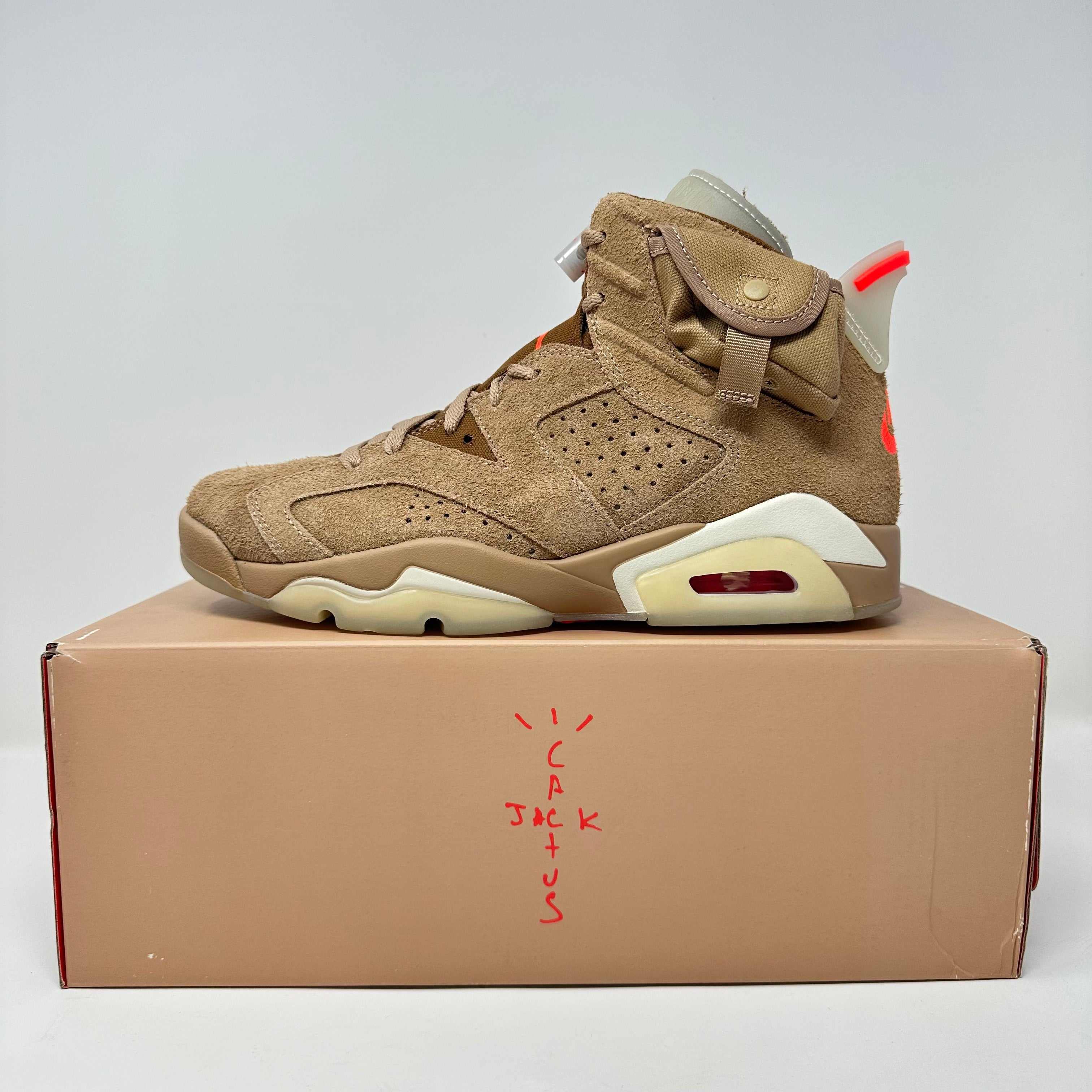 Jordan 6 Retro Travis Scott British Khaki sneaker on branded box, brand new with accessories included