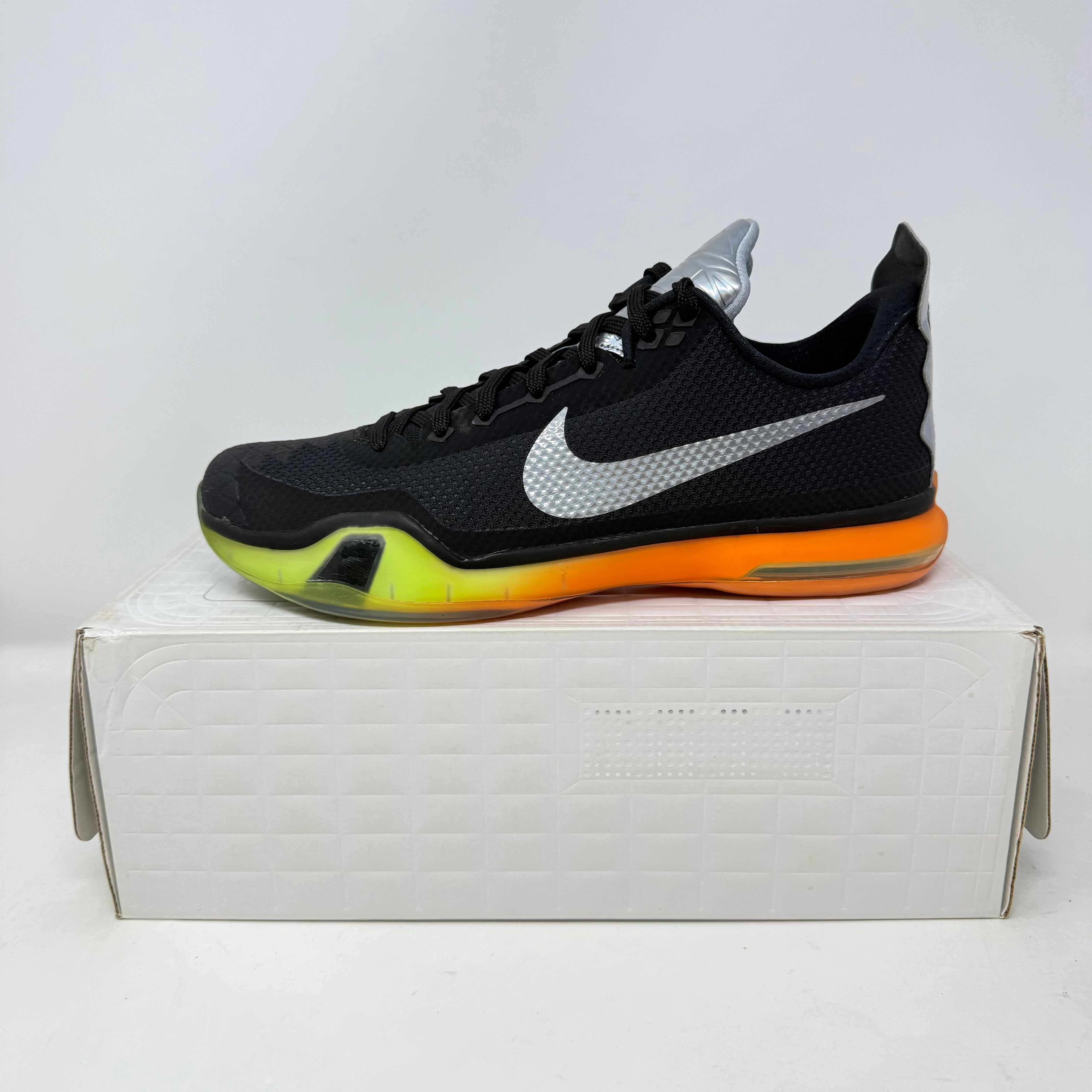 Nike Kobe 10 All-Star black basketball shoe with gradient orange-yellow sole on white box