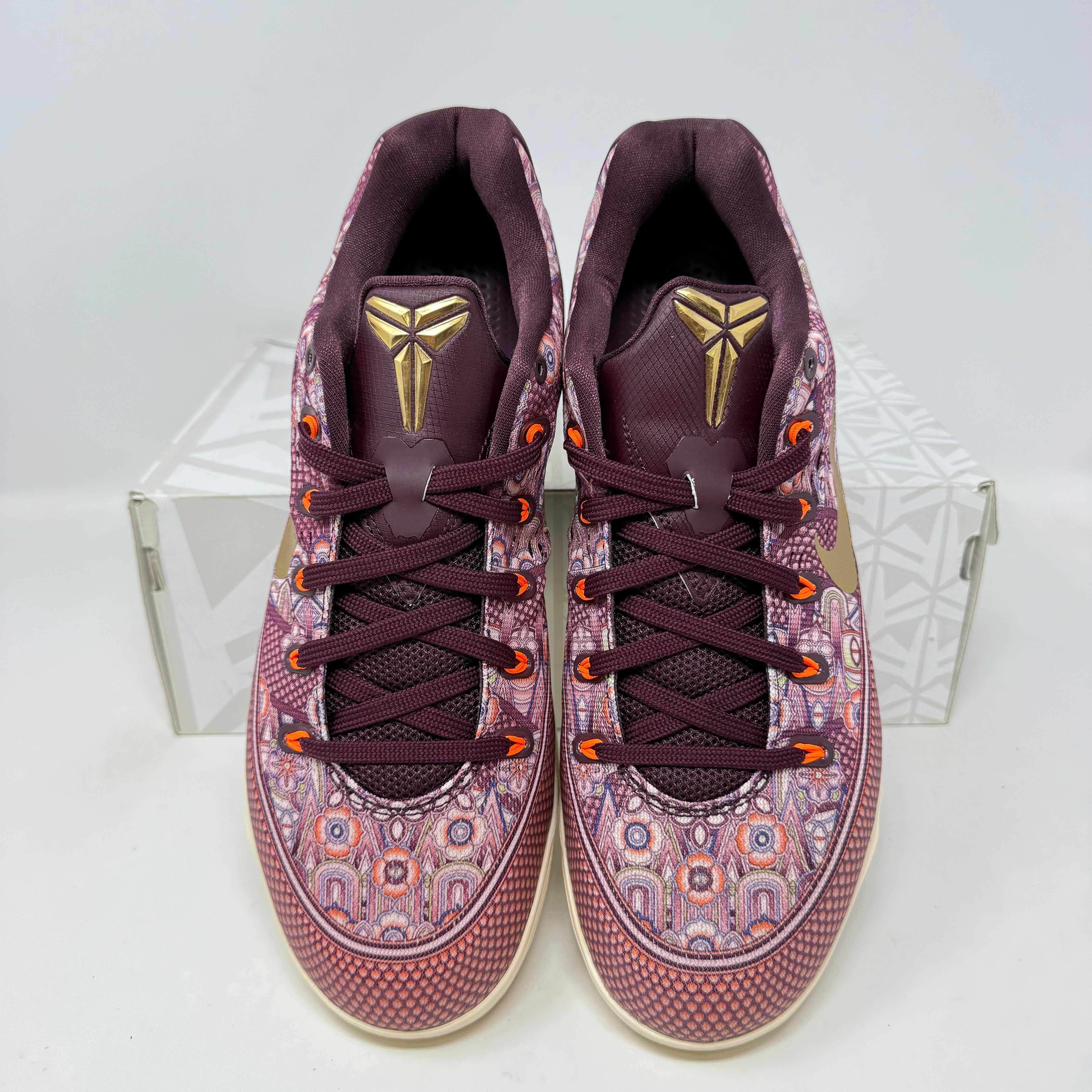 Nike Kobe 9 EM Low Silk sneakers, pre-owned, patterned design, Kobe logo.