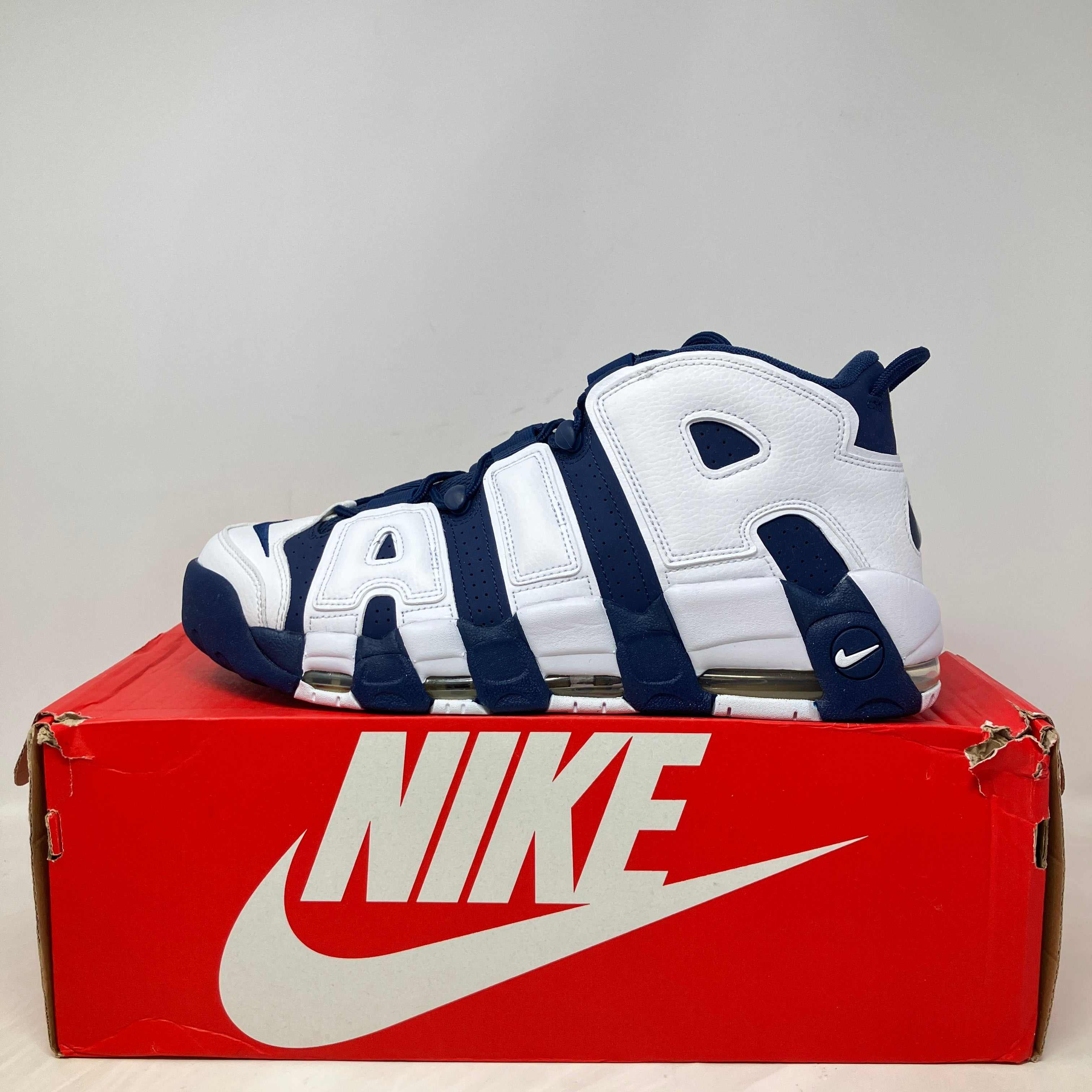 Nike Air More Uptempo 96 Olympic 2024 sneaker in white and navy on red Nike box