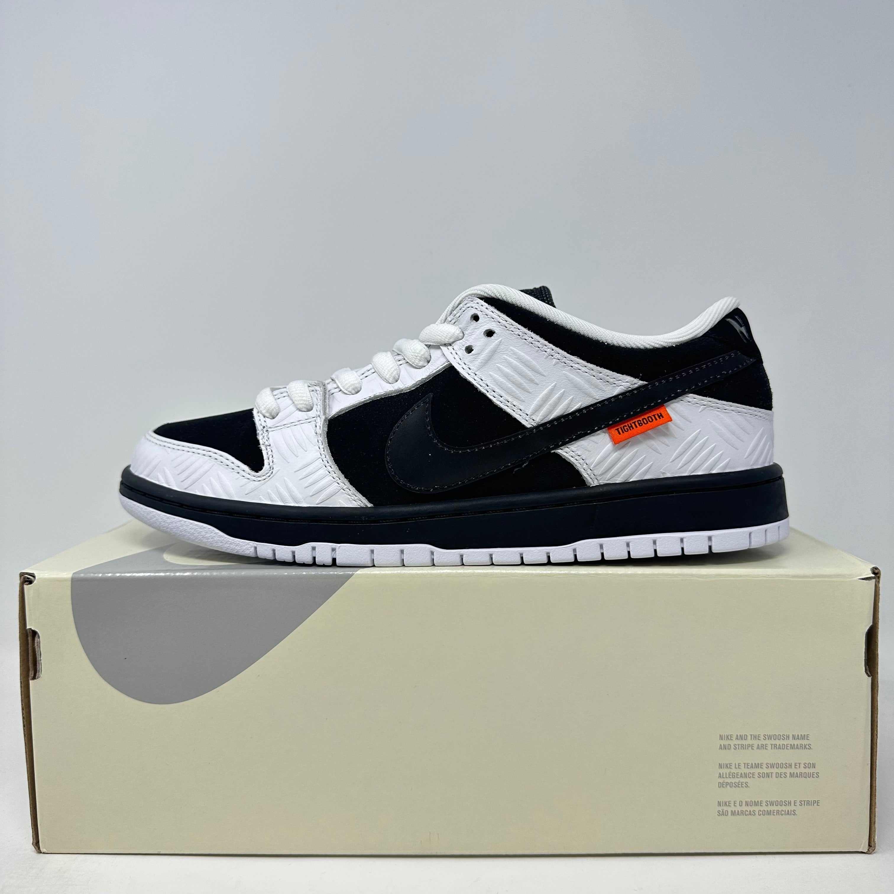 Nike SB Dunk Low TIGHTBOOTH black and white sneaker on box, brand new with accessories included.