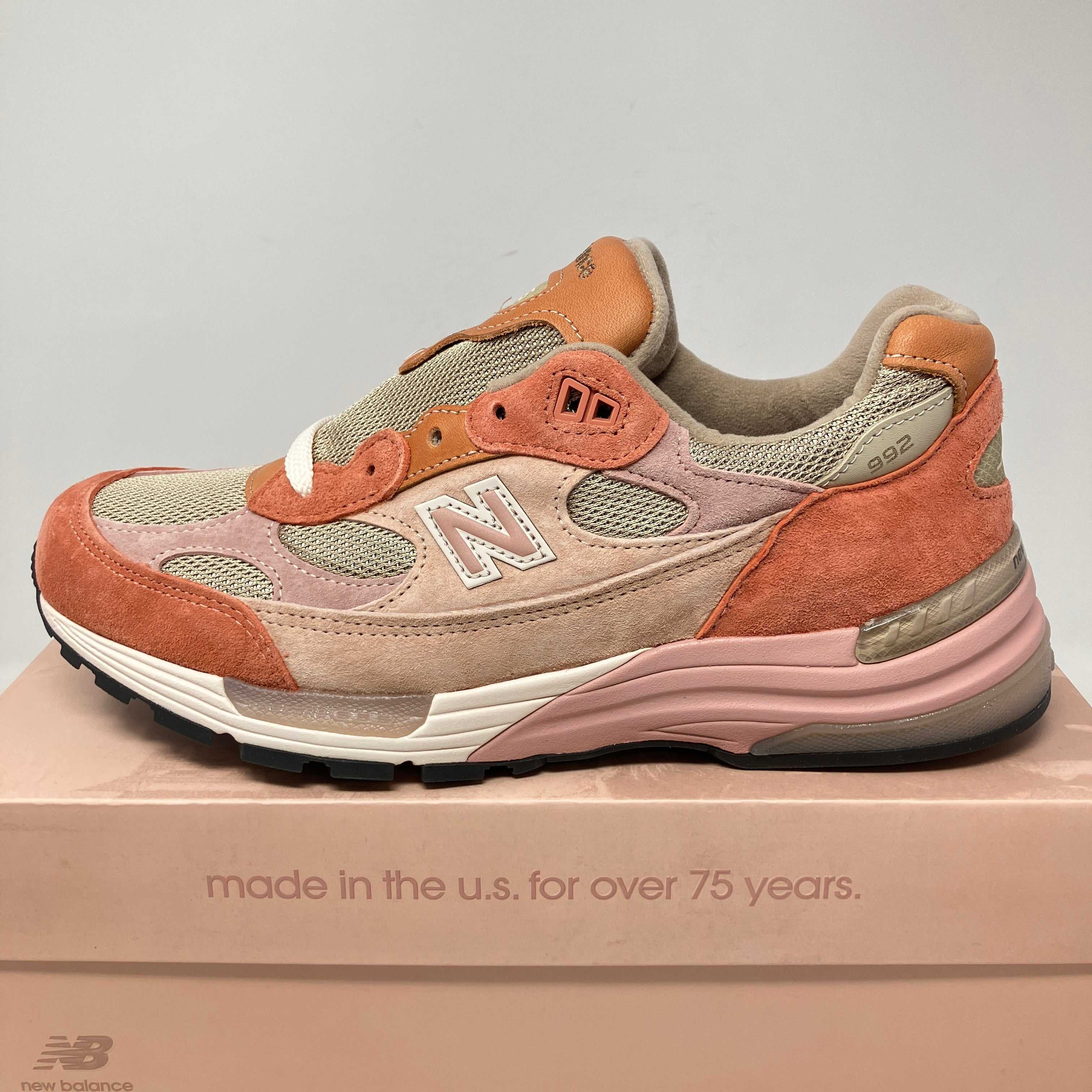 New Balance 992 MiUSA Joe Freshgoods Aged Well sneaker in earth tones on box
