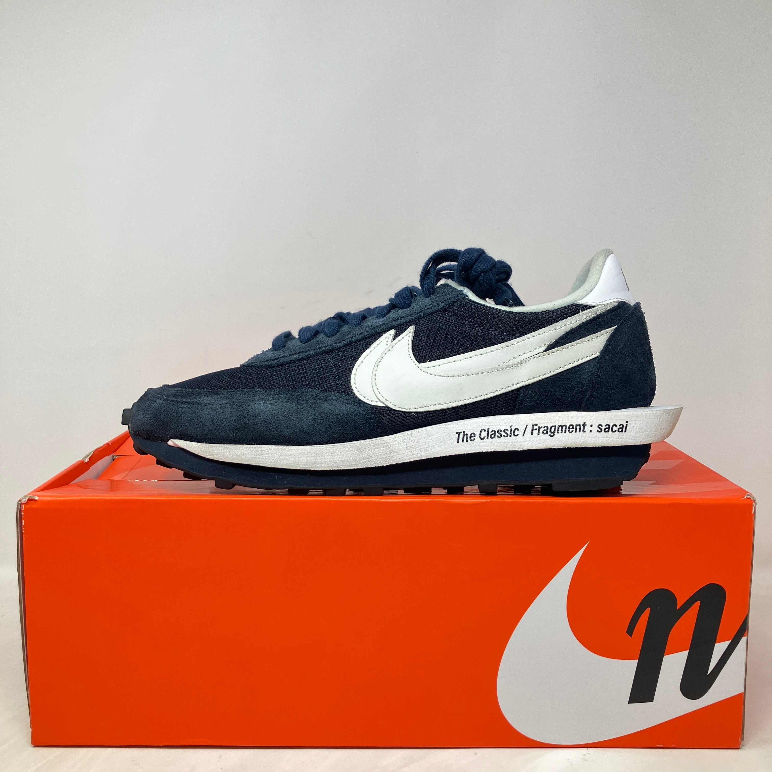 Nike LD Waffle SF sacai Fragment sneaker in Blue Void color on orange Nike box