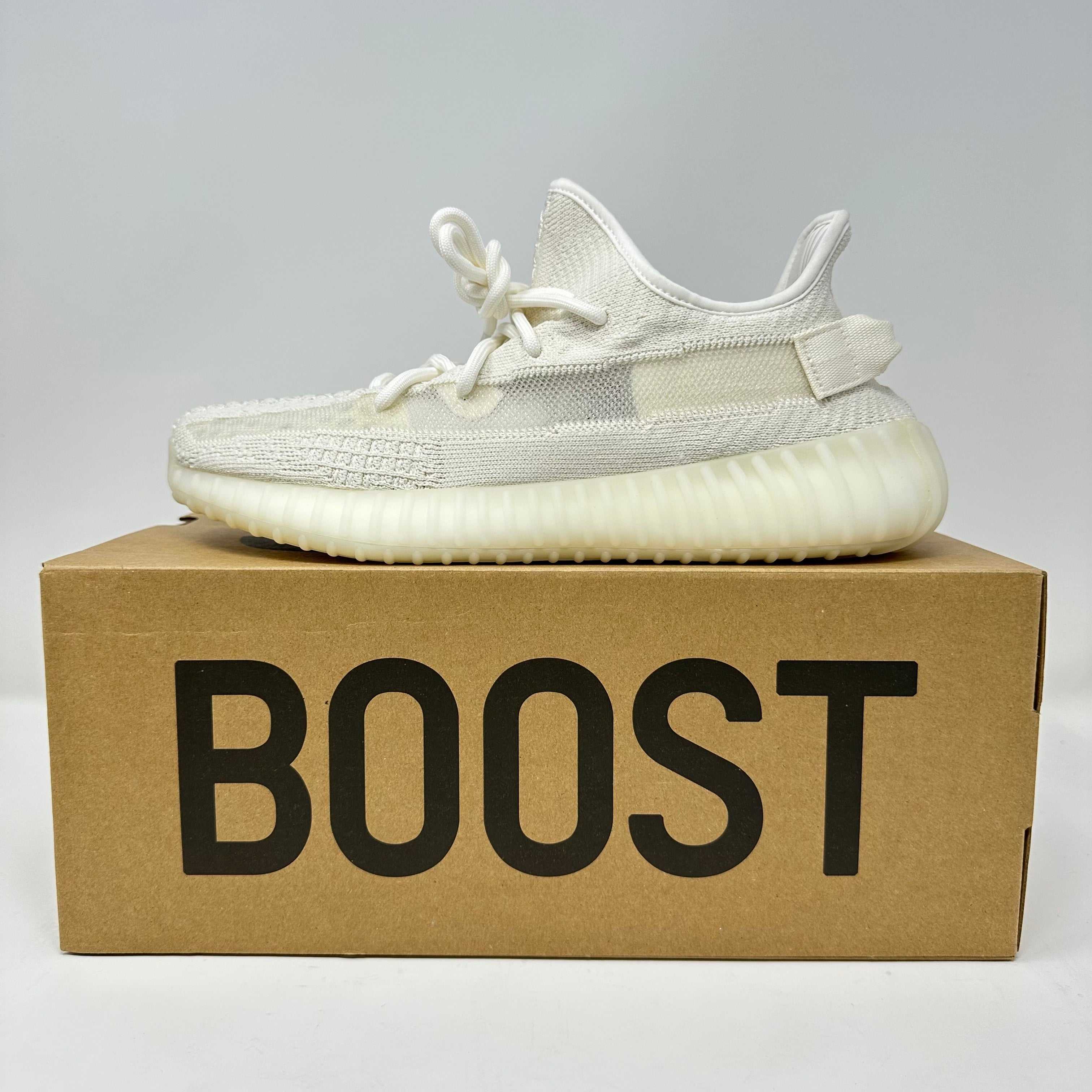 adidas Yeezy Boost 350 V2 Bone sneaker on boost shoebox, brand new with accessories included