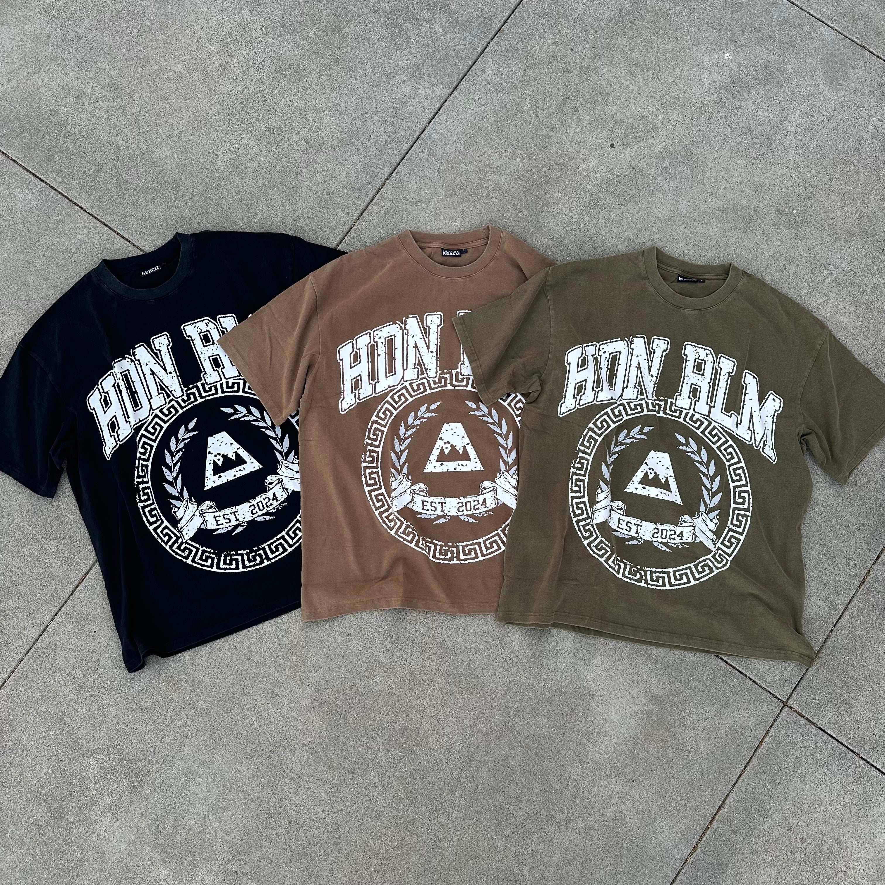 Three oversized Hidden Realm 'College' Tee shirts in black, brown, and olive green with white graphic print, laid flat on concrete.