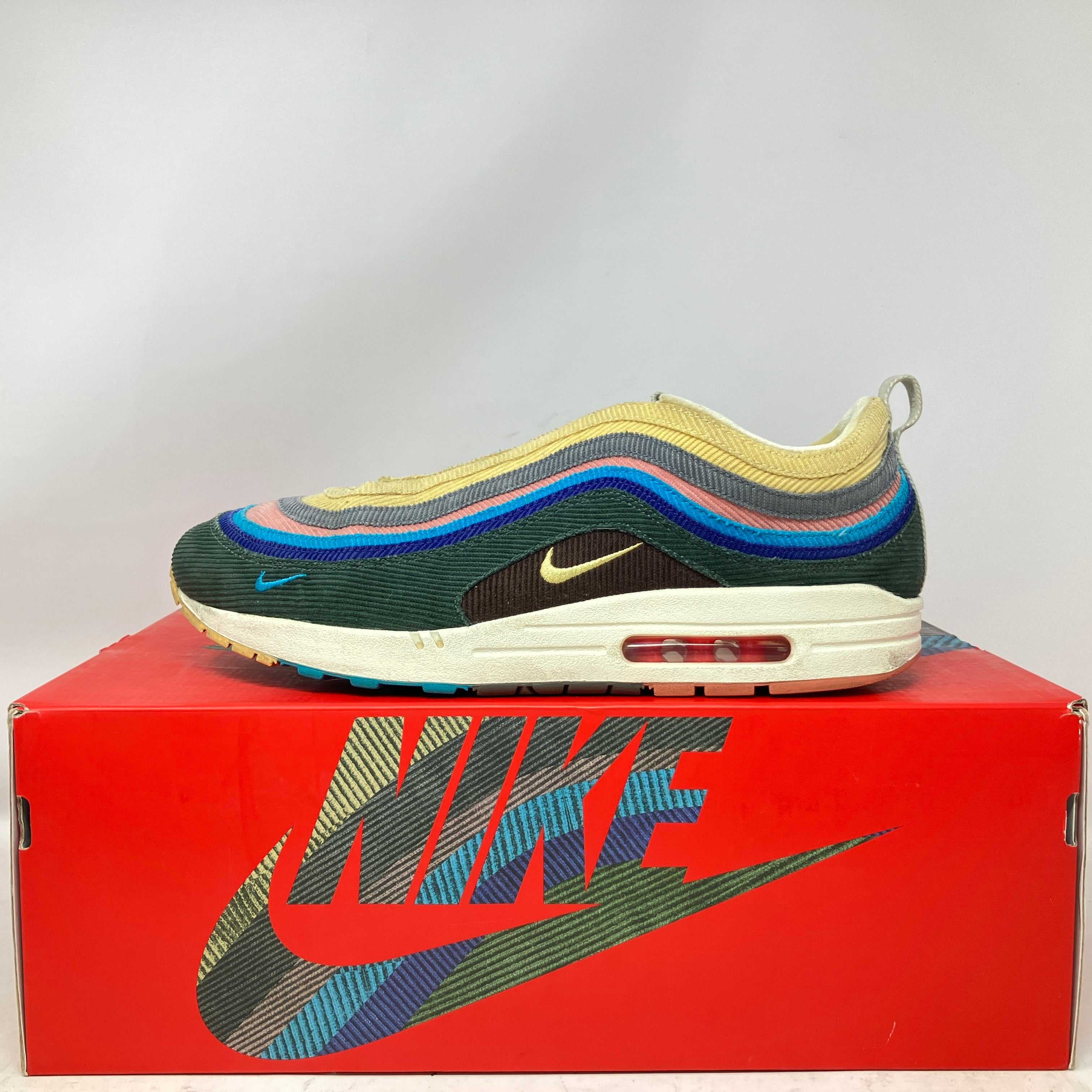 Nike Air Max 1/97 Sean Wotherspoon sneaker on red Nike box pre owned with extra lace set