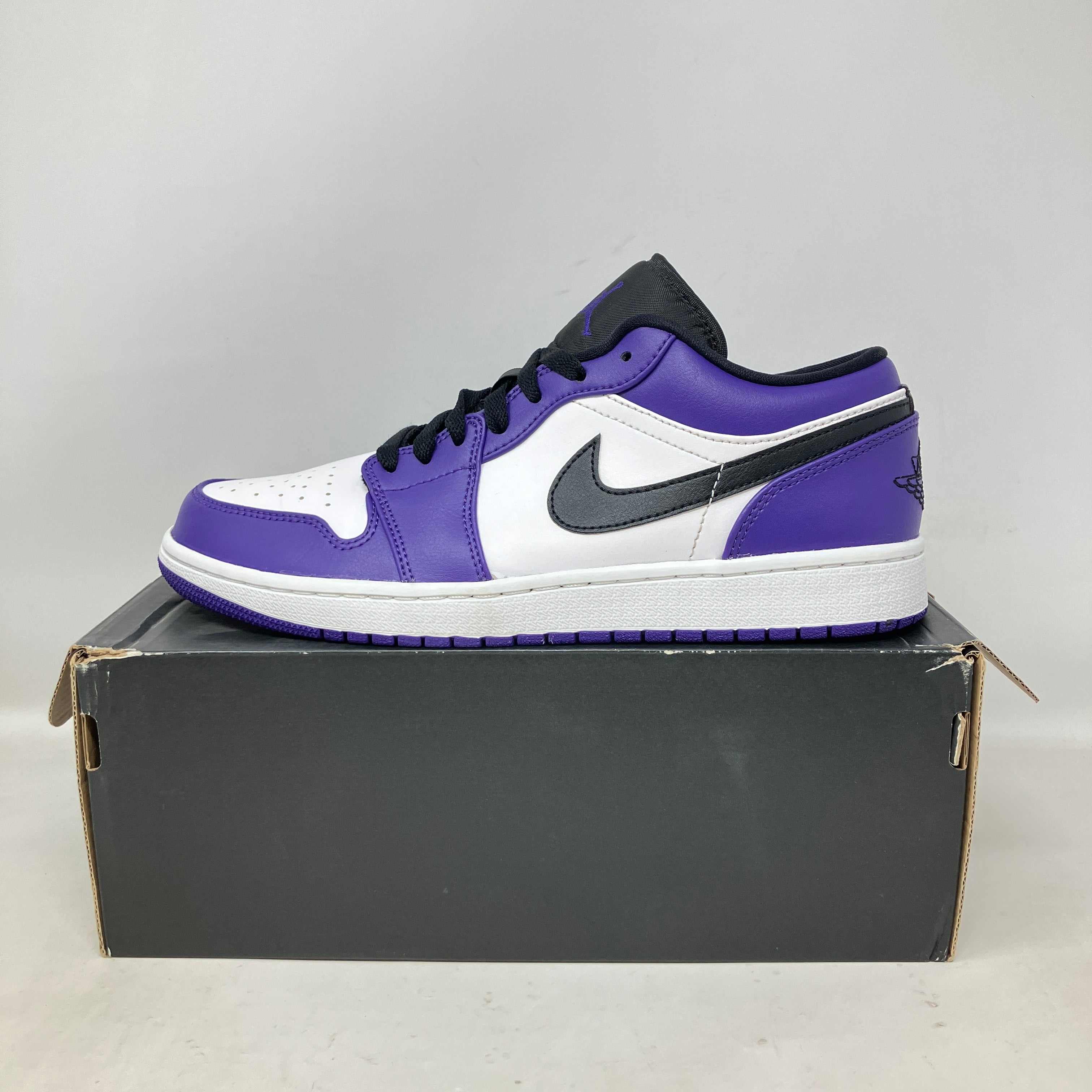 Jordan 1 Low Court Purple White preowned sneaker on box with all accessories
