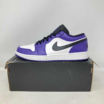 Jordan 1 Low Court Purple White preowned sneaker on box with all accessories