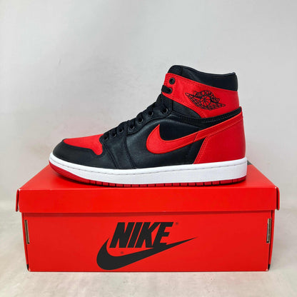 Jordan 1 Retro High OG Satin Bred women's sneakers, tried on with all accessories included