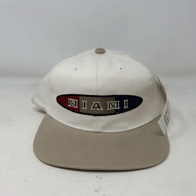 Vintage Miami Hurricanes American Needle snapback hat in beige and white, brand new condition