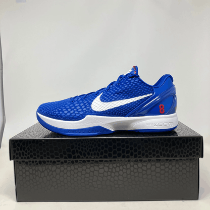 Nike Kobe 6 Protro Dodgers blue basketball shoe with white swoosh on black box, brand new with accessories included
