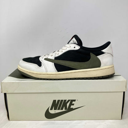 Jordan 1 Retro Low OG SP Travis Scott Olive Women’s sneaker on Nike box, pre-owned with accessories included