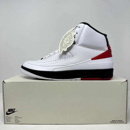 Jordan 2 Retro OG Chicago 2022 white, black, and red sneaker on box, brand new with all accessories