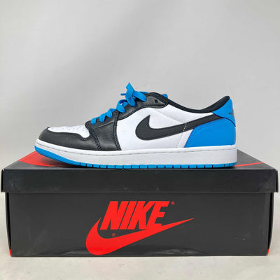 Jordan 1 Retro Low OG Black Dark Powder Blue sneaker on Nike box, pre-owned condition with all accessories included