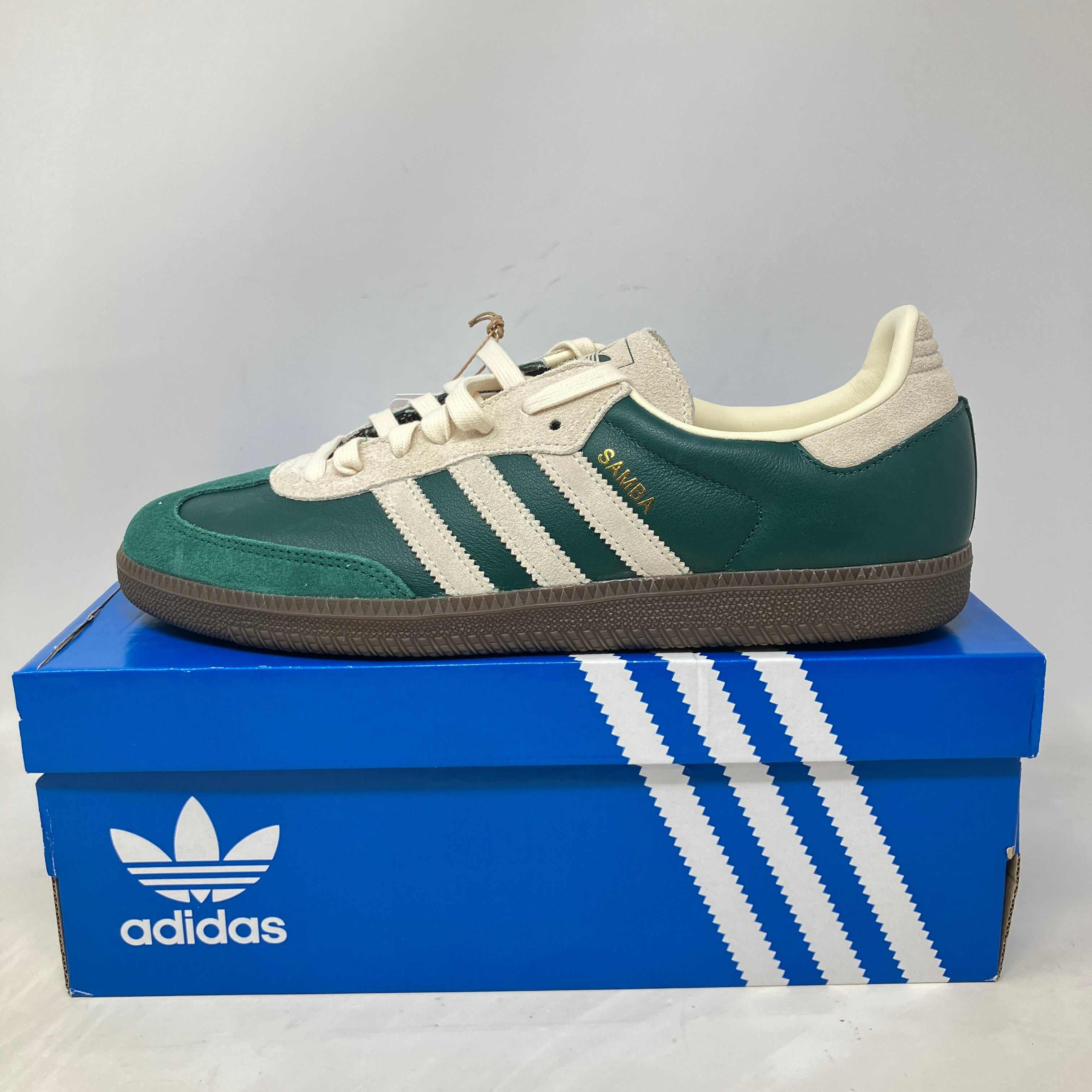 adidas Samba OG Collegiate Green and Cream White sneaker on blue adidas box