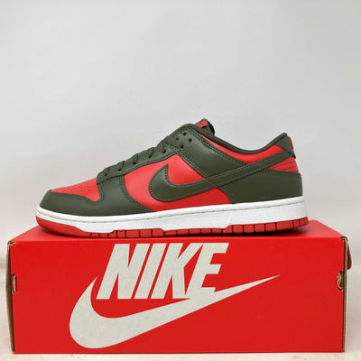 Nike Dunk Low sneaker in bright red and dark olive leather, with a matching Swoosh and red rubber outsole.