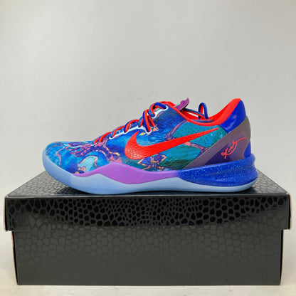 Nike Kobe 8 Protro What The sneaker in vibrant blue, red, and purple colors, pre-owned with all accessories on black textured shoe box